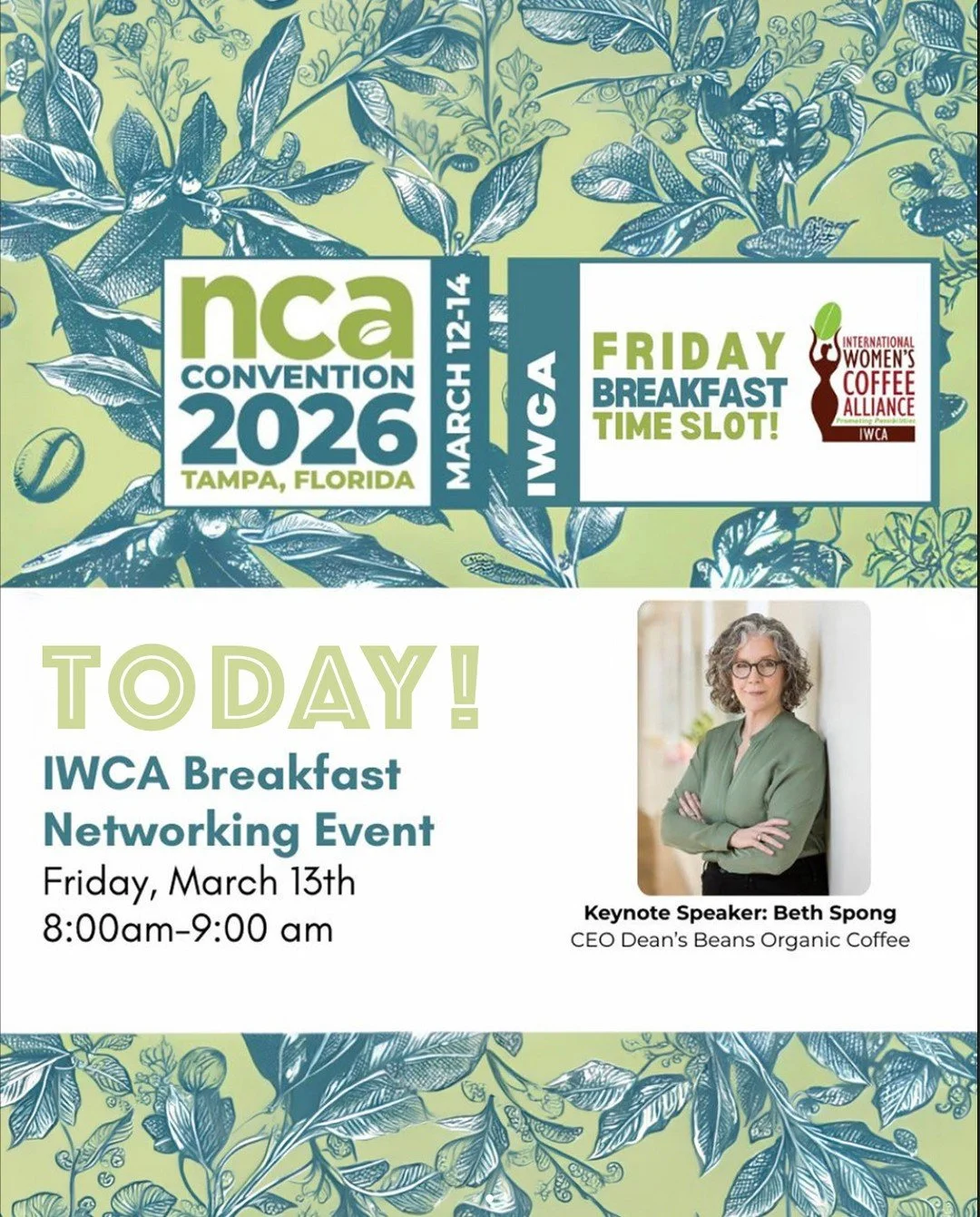 This morning you'll find Artisan's Ruth Ann Church enjoying the IWCA Networking Breakfast Event in Tampa at the National Coffee Association @ncausa convention.⁠
⁠
Ruth Ann is excited to hear the keynote speech from Beth Spong, President and CEO of De
