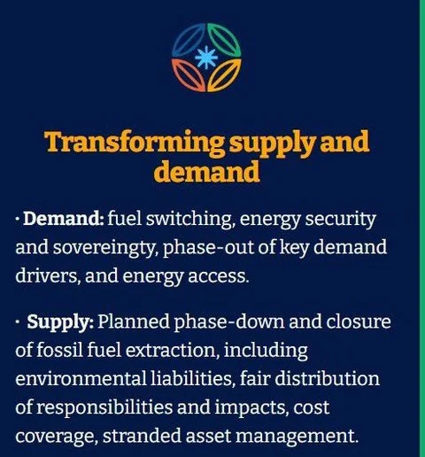 Today is the final day of the 1st Conference on Transitioning Away from Fossil Fuels. ⁠
⁠
Check out the 3 PILLARS of the international meeting taking place in Santa Marta, Colombia.⁠
⁠
1️⃣Transforming supply and demand⁠
2️⃣Overcoming economic depende