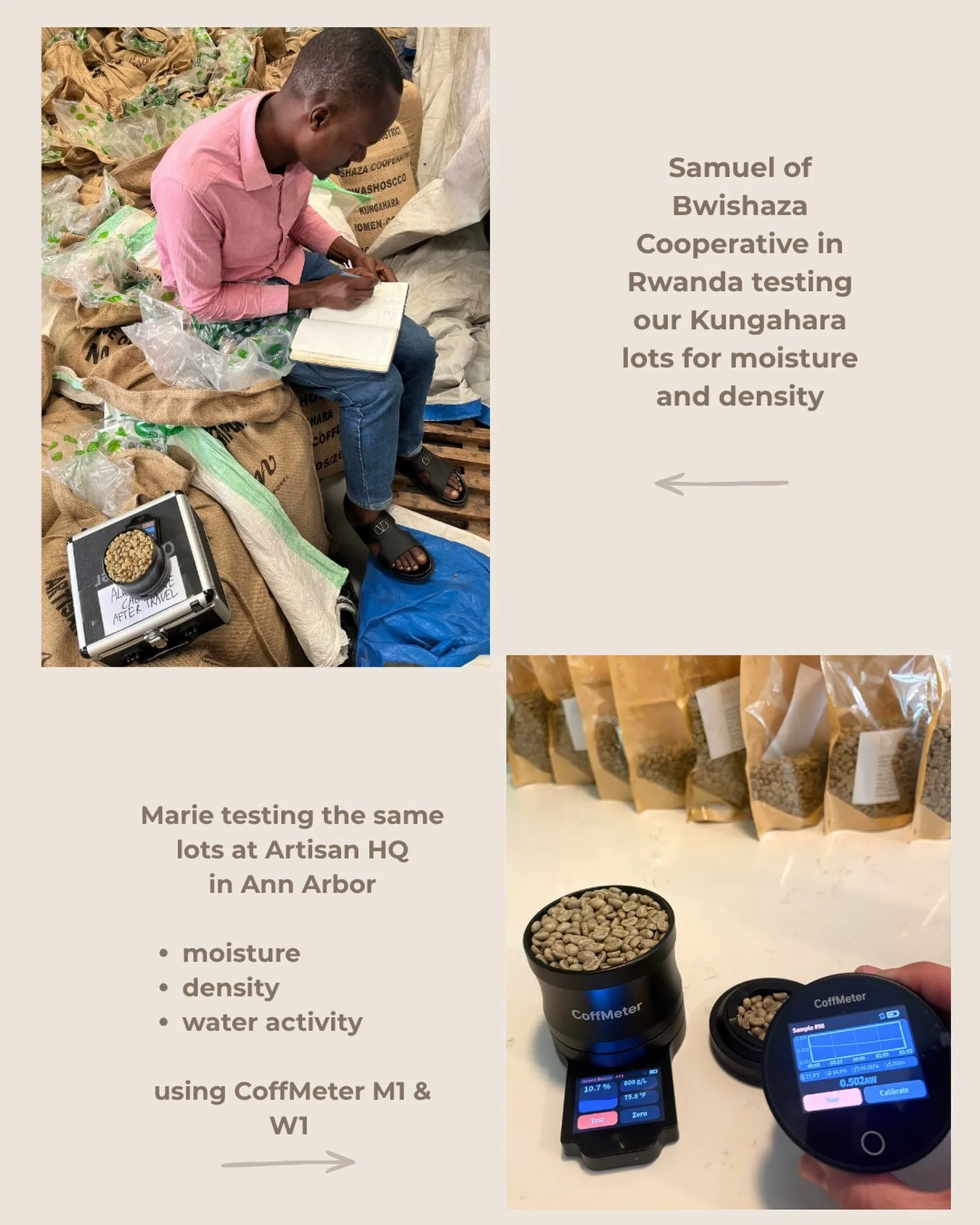 The same sample. Tested at the Bwishaza warehouse in Rwanda. Tested again when it lands with us in Ann Arbor.⁠
⁠
⁠
When Grace and Samuel run moisture and density readings of the Kungahara lots, followed by Artisan running the same test in our office 