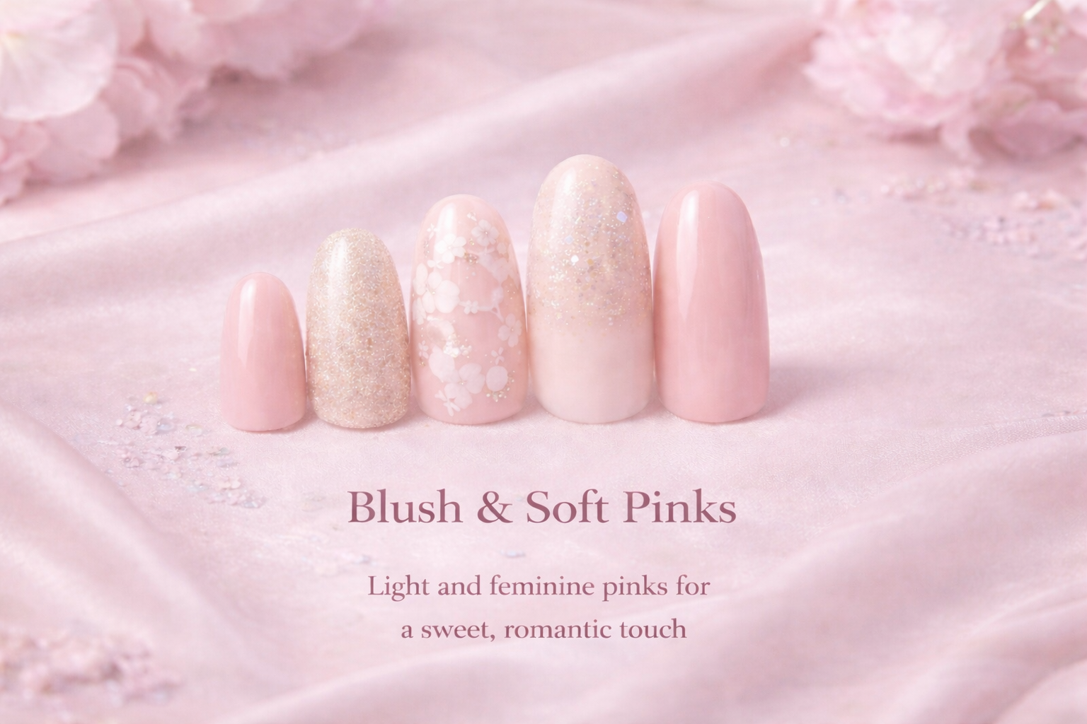 Five pink and white manicured nails with soft pink shades and floral designs, displayed on a pink satin fabric with text "Blush & Soft Pinks" and description of light and feminine pinks for a romantic touch.