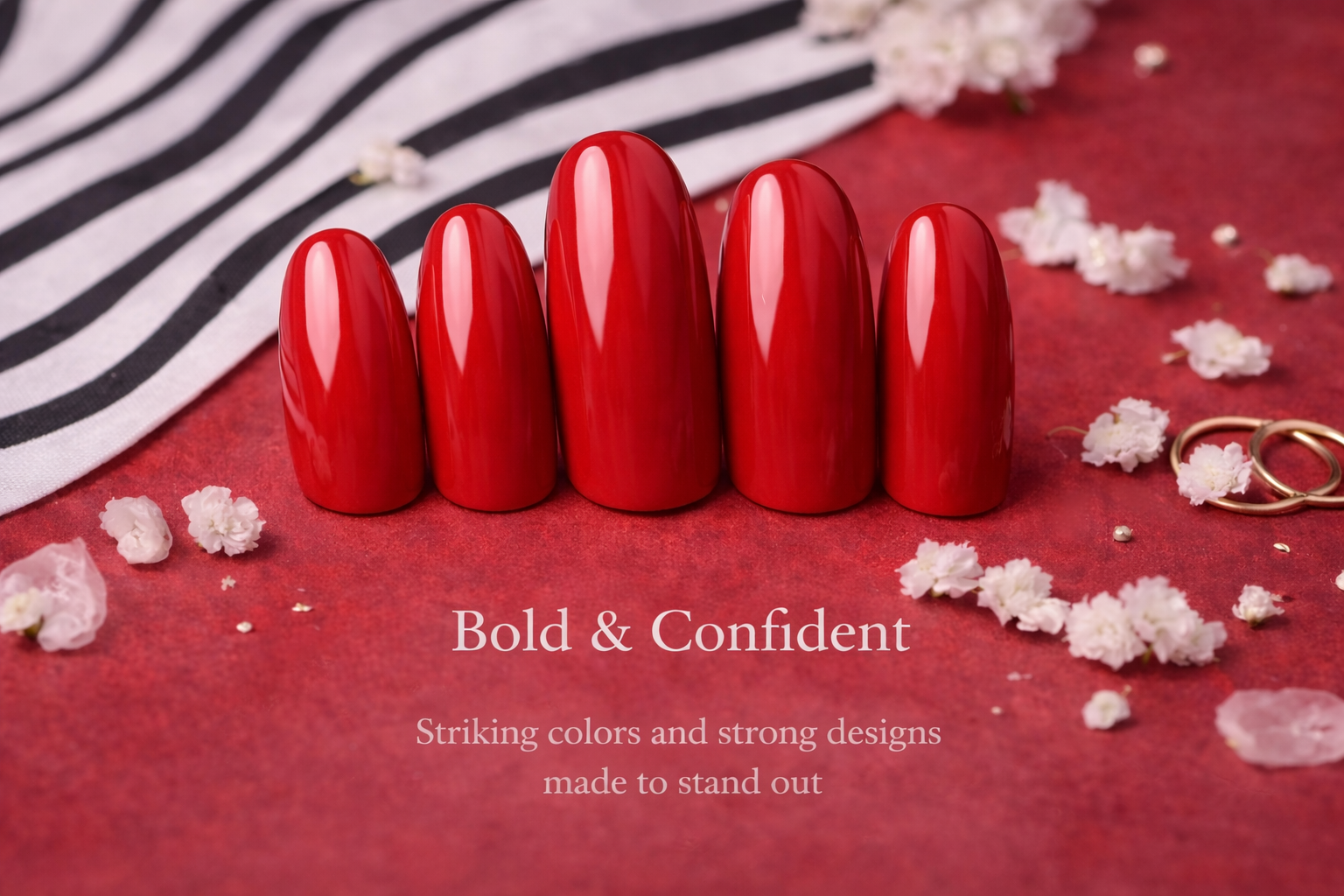 A collection of five red, glossy, artificial nails on a red textured surface, with white flowers scattered around, a black and white striped cloth in the background, and gold rings on the right side. Text overlay reads 'Bold & Confident' and 'Striking colors and strong designs made to stand out'.