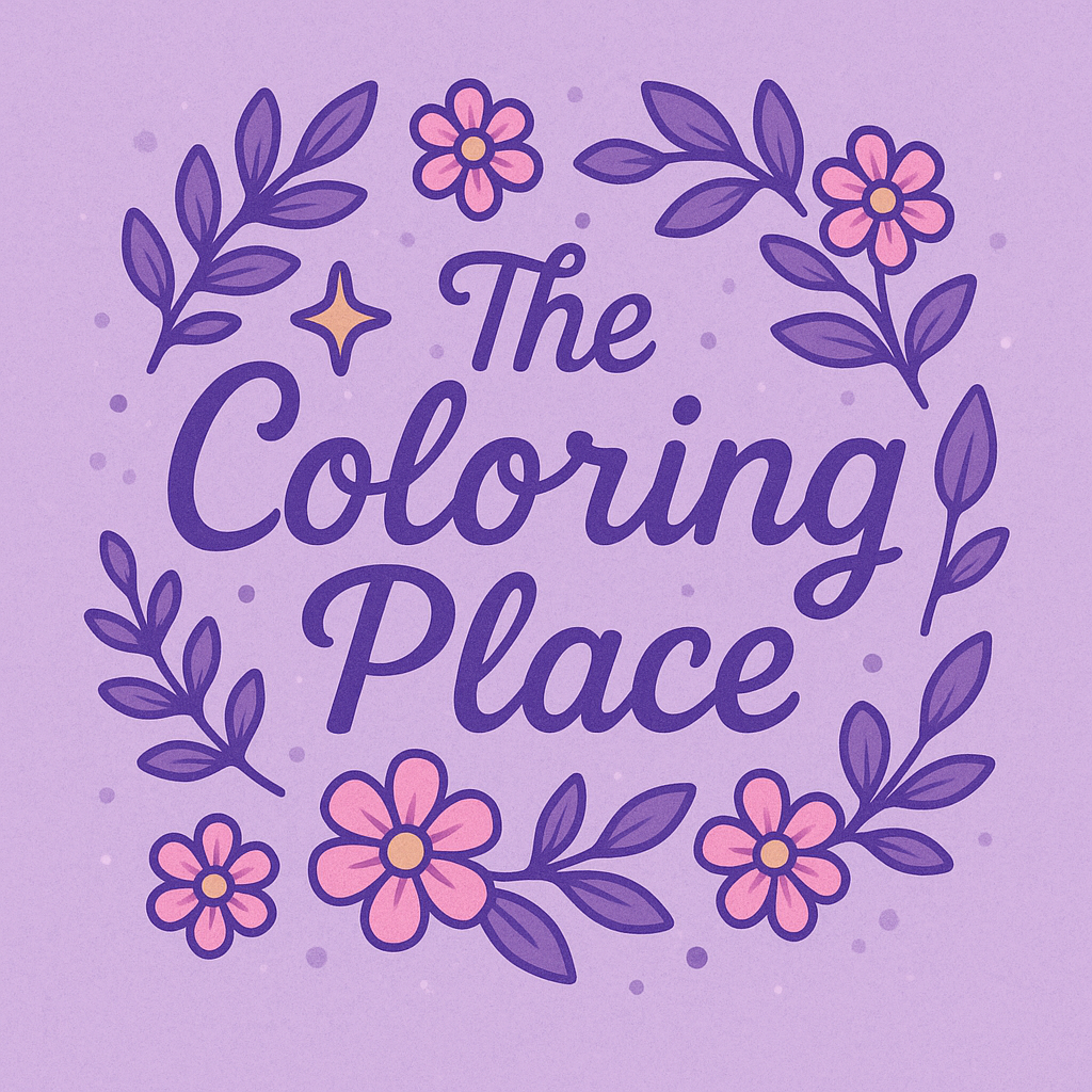 Purple background with the text "The Coloring Place" surrounded by pink flowers and purple leaves.