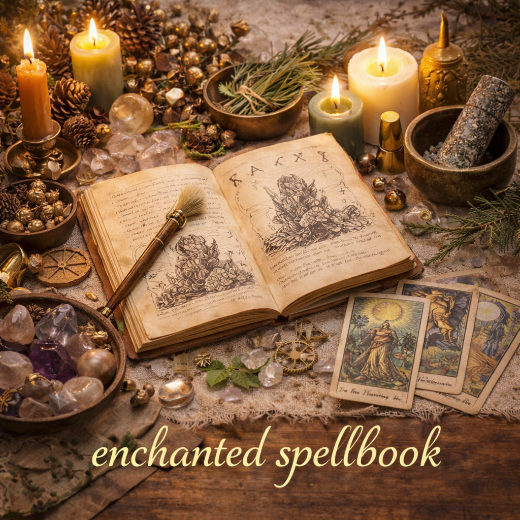 A mystical scene with candles, crystals, pinecones, and tarot cards surrounding an open spellbook with handwritten notes and illustrations. The setup includes a brush, bowls of beads, and sprigs of greenery, creating an enchanted ambiance. Text at the bottom reads "enchanted spellbook."
