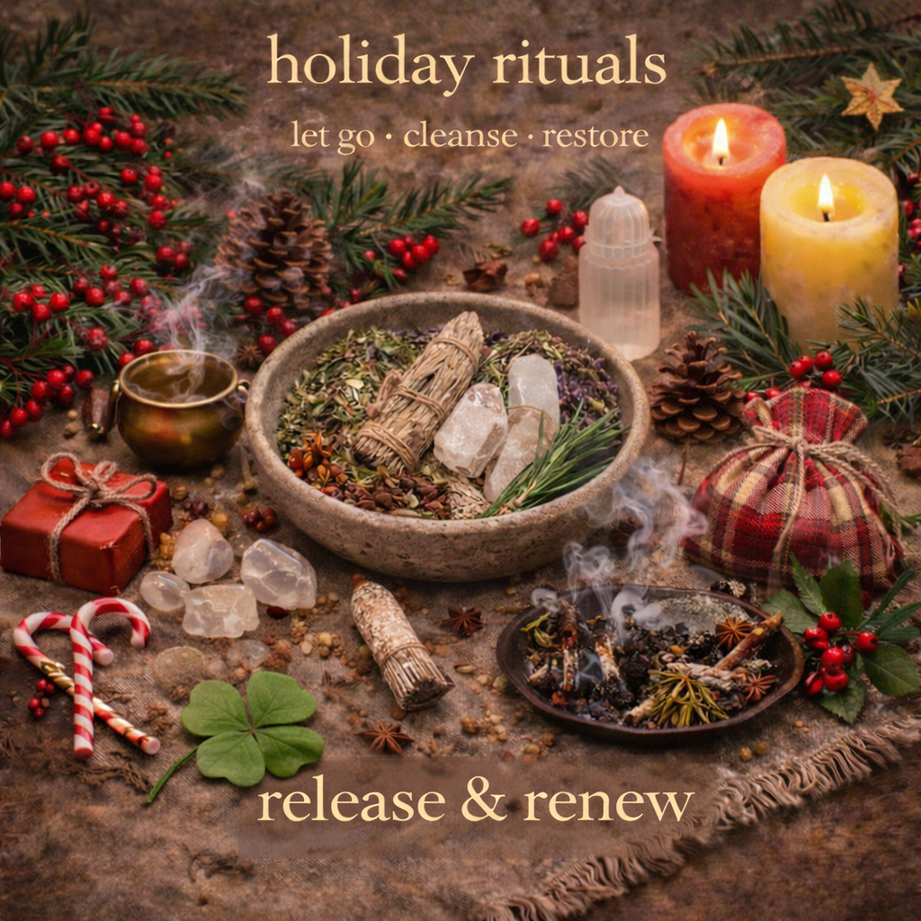 A holiday ritual scene with candles, pinecones, herbs, crystals, and festive decorations, emphasizing letting go, cleansing, and restoring.
