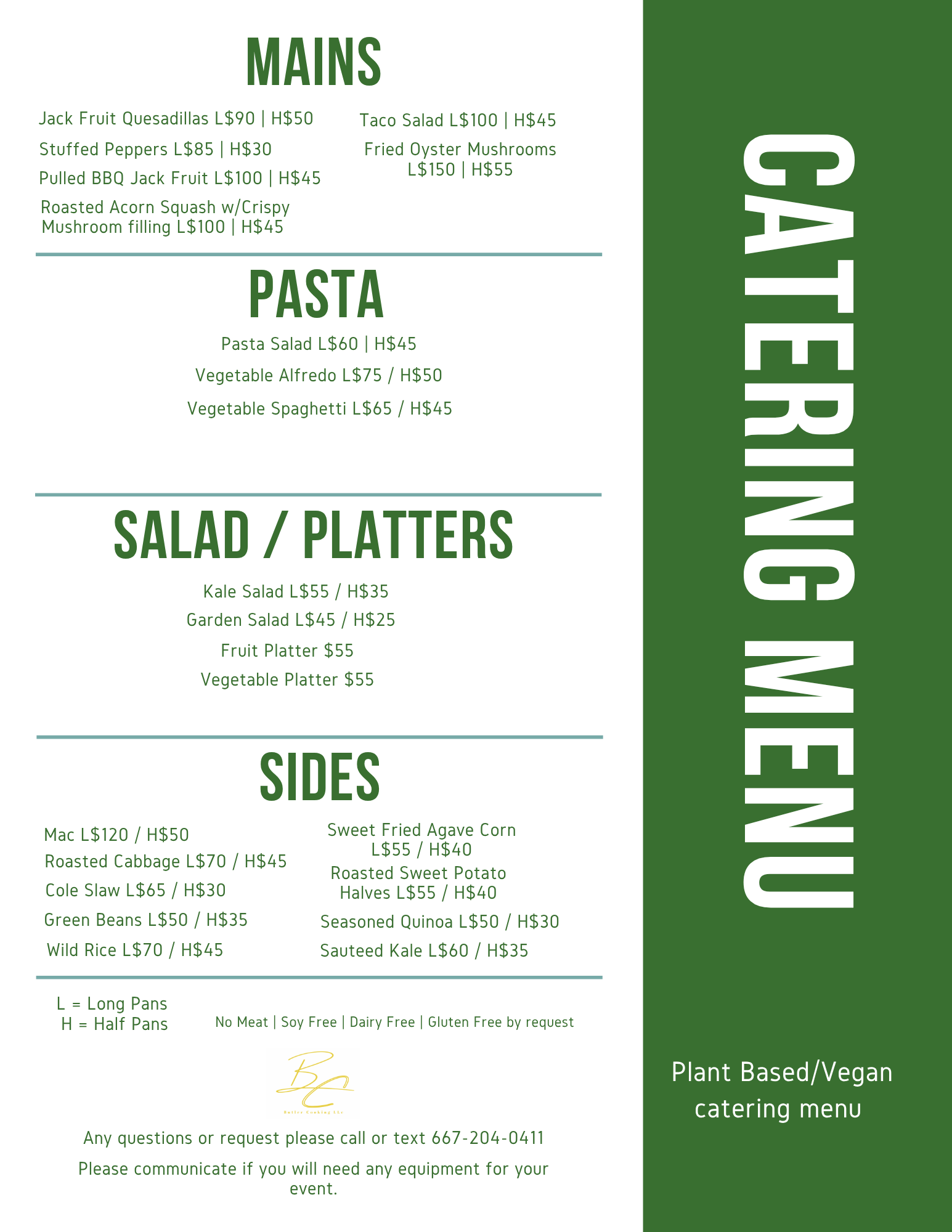 Plant Based Catering Menu