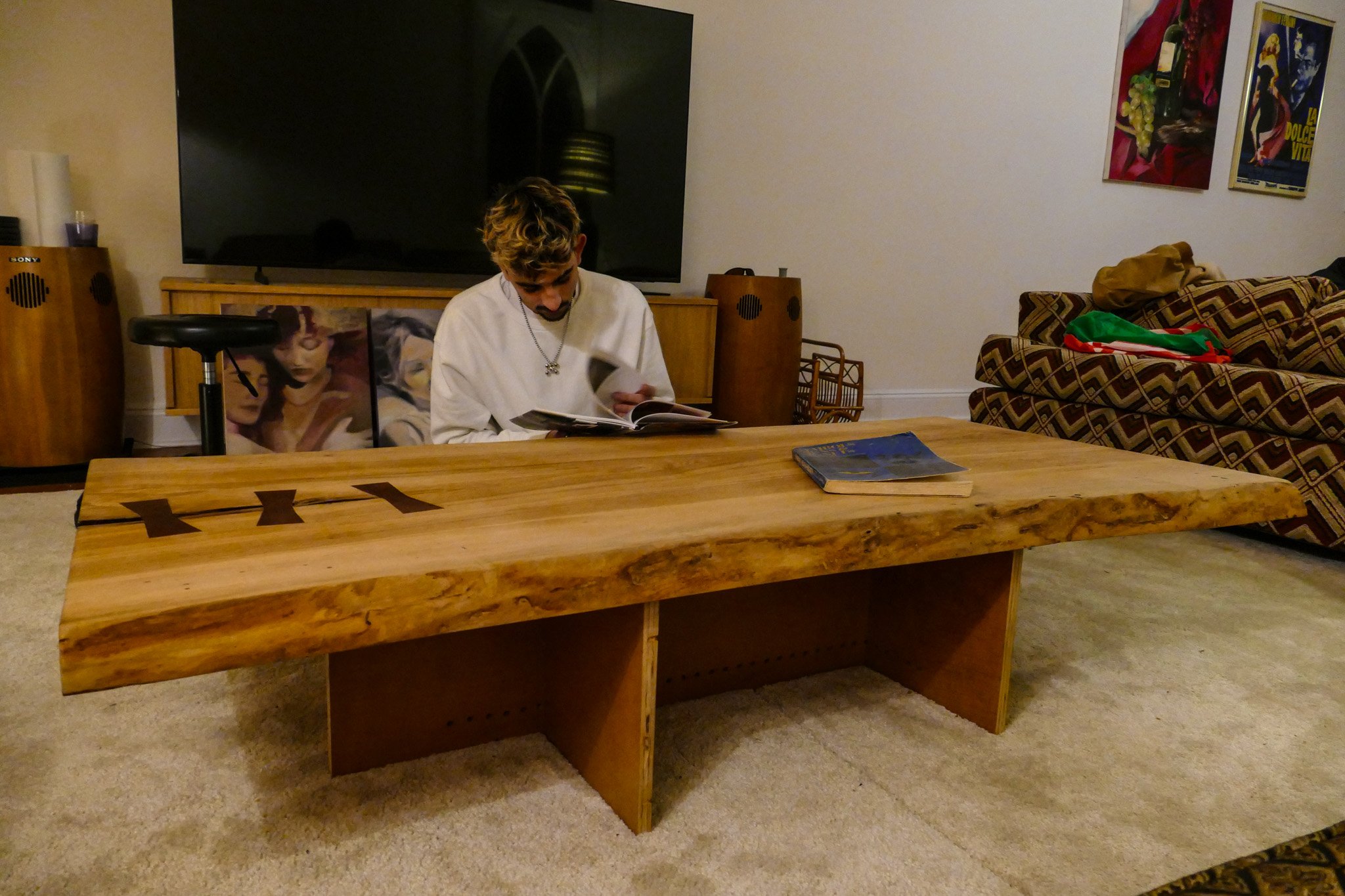 Reclaimed ash slab, mahogany bow ties and plywood base