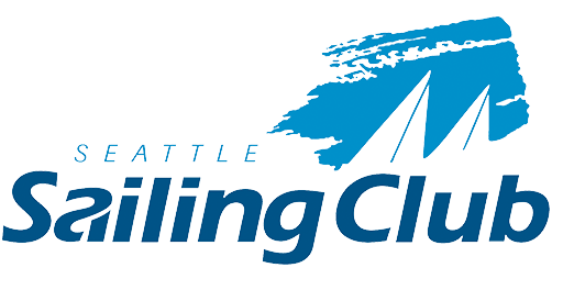 seattle sailing club logo with the name and a paintbrush type spot with outline of sailboats