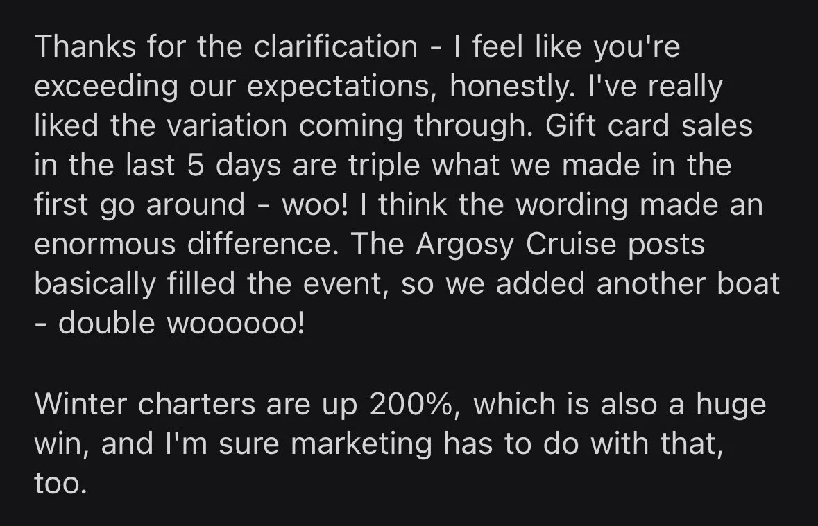 client testimonial from seattle sailing club social media client