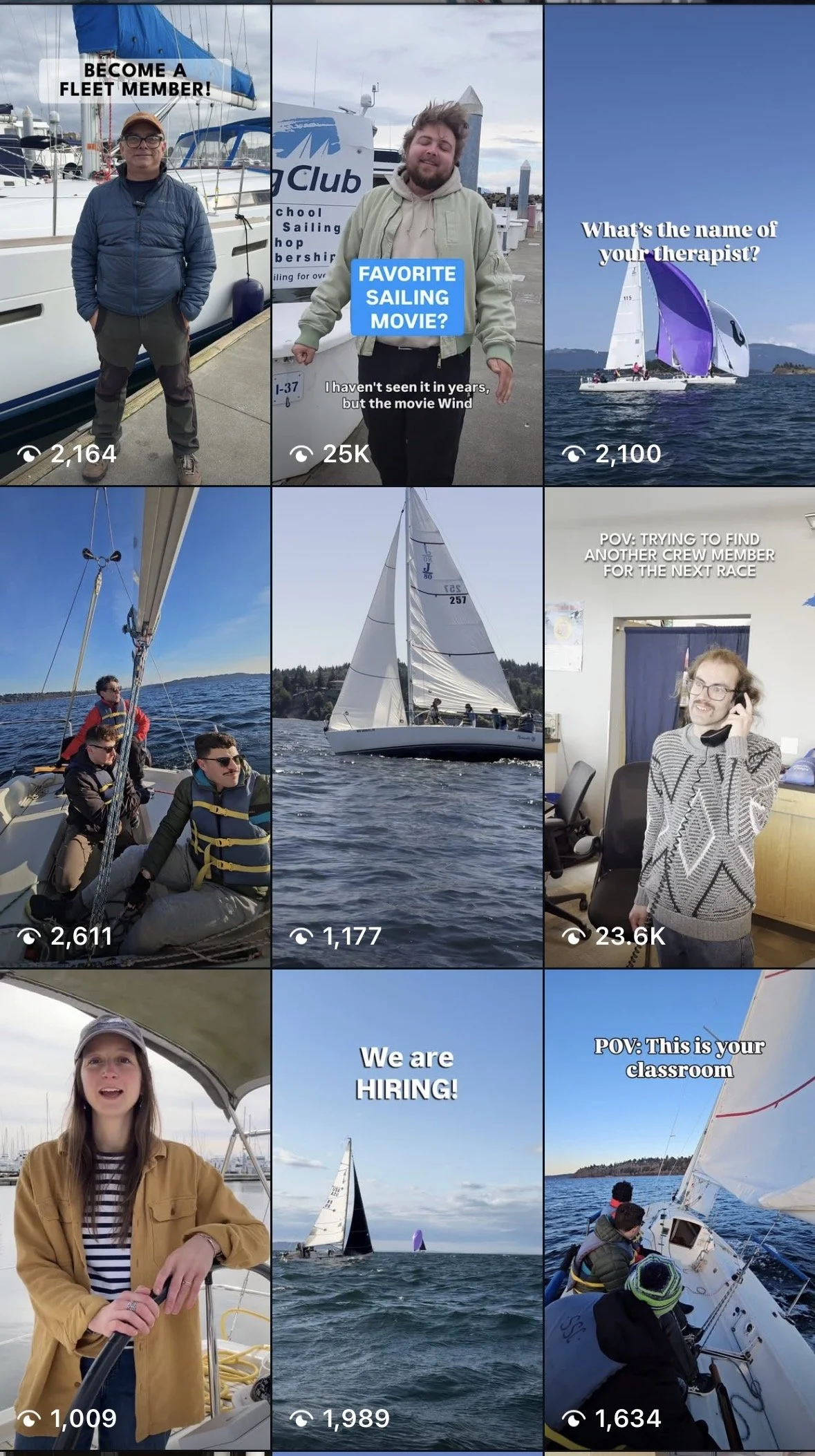 An instagram feed of Seattle sailing Club with sailing scenes and people aboard sailboats, with some images featuring individuals on land with sailing-related text and others showing various sailboats on the water.