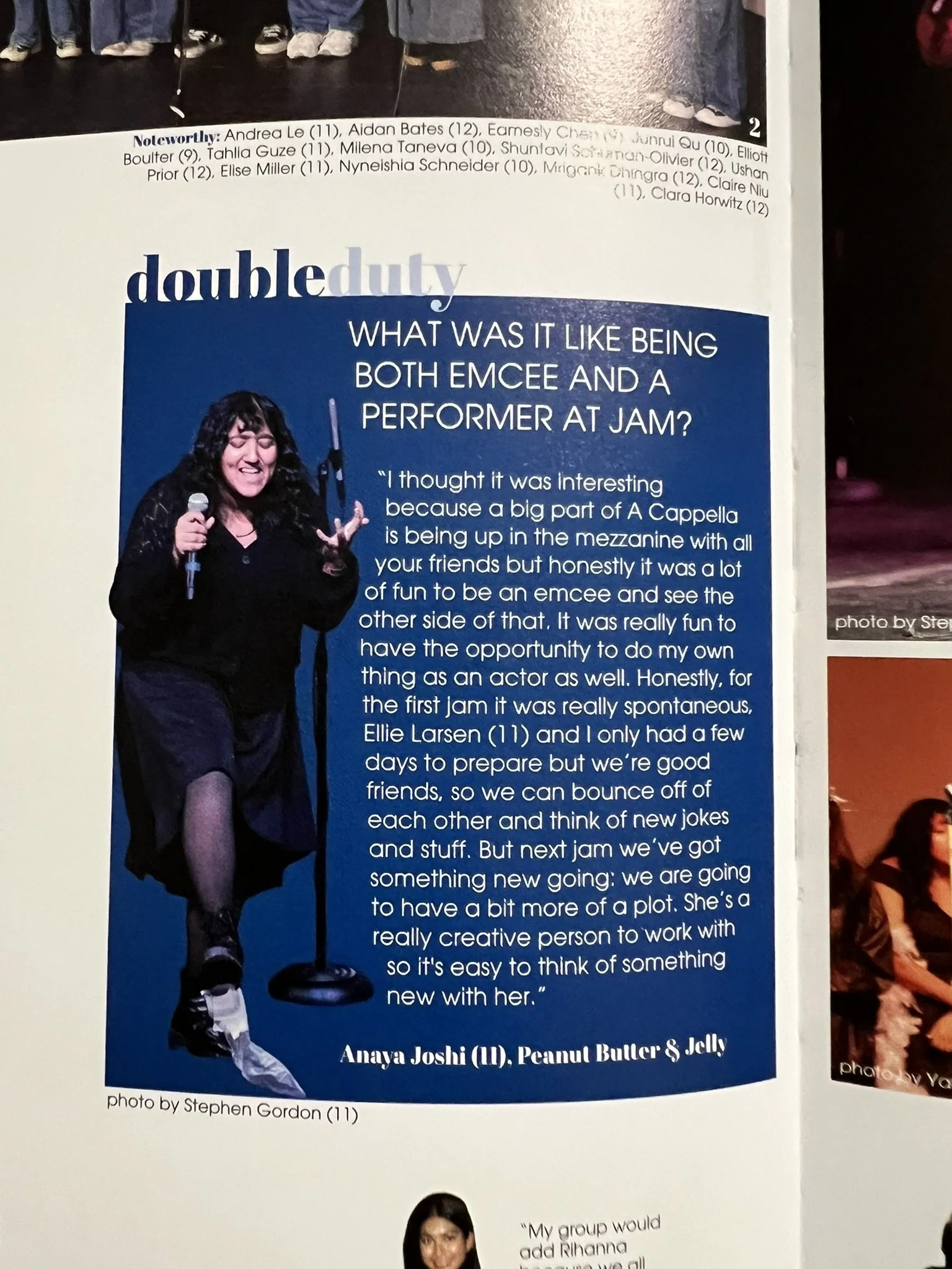 Anaya featured in school magazine for multi-tasking on stage MC'ing the entire show and also performing a solo in the same A Cappella jam.