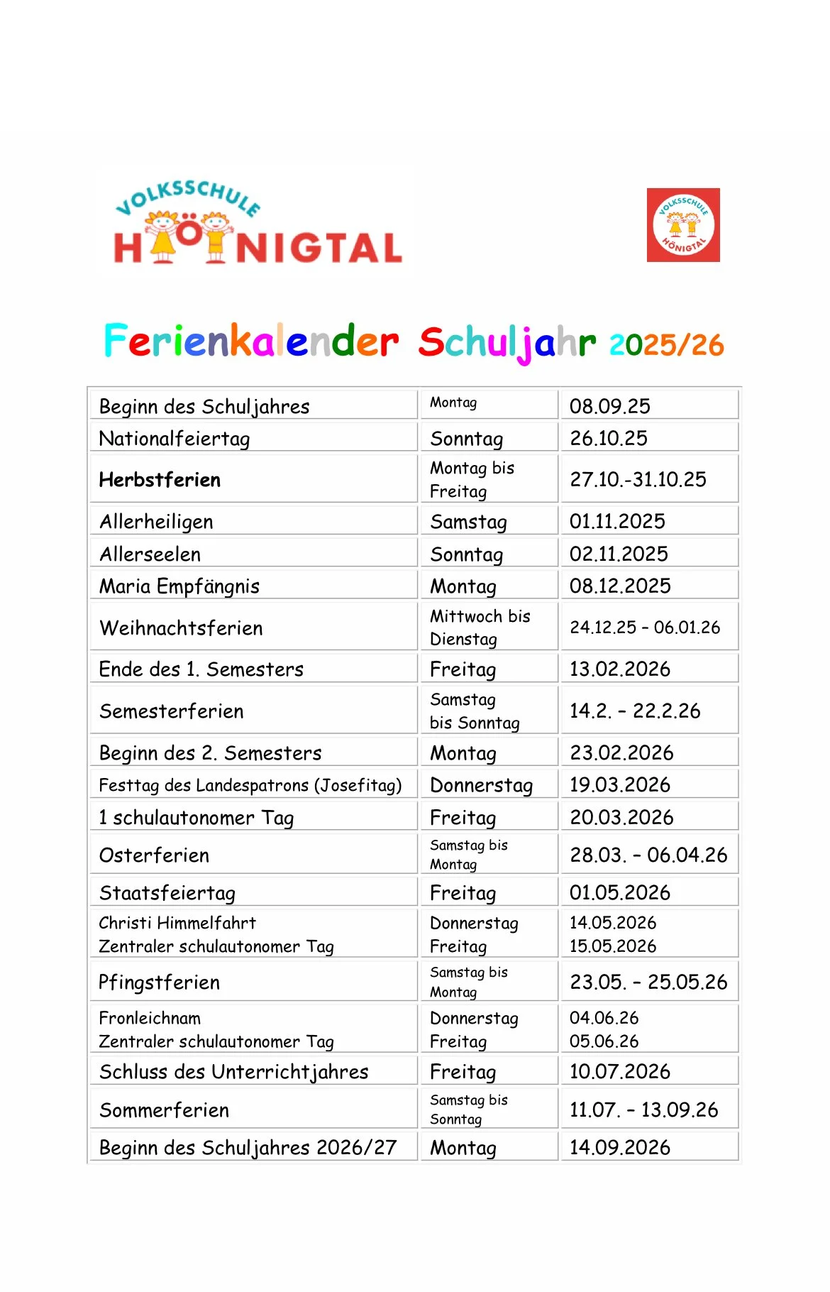 Ferienkalender Schuljahr 2025/26