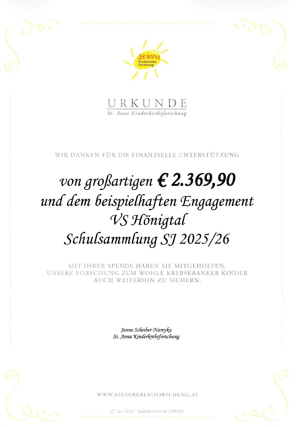 VS Hönigtal sammelt für die St. Anna Kinderkrebsforschung