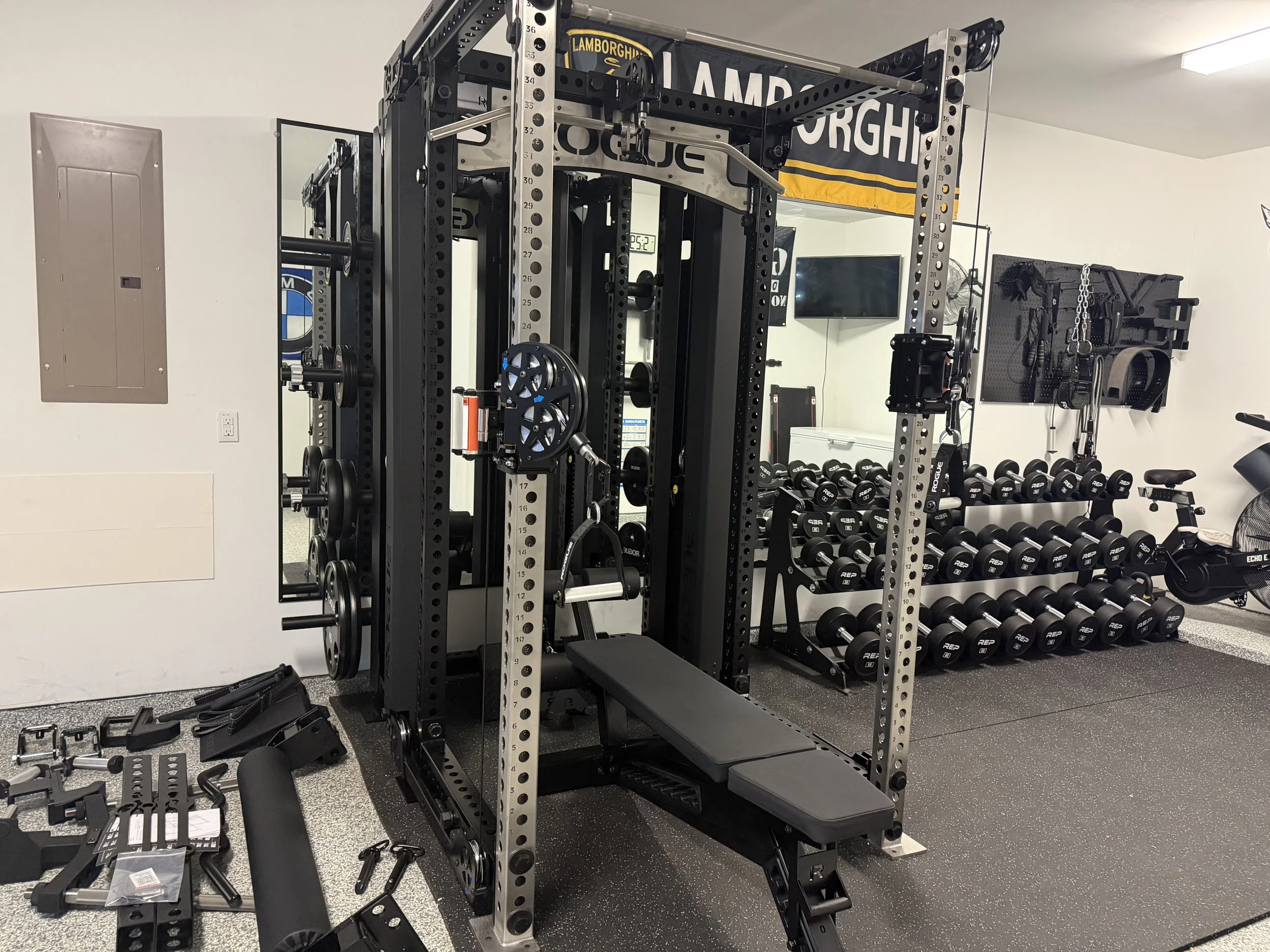 Rogue Fitness FM6 Functional trainer with Rogue monster dumbbell rack and dumbbells