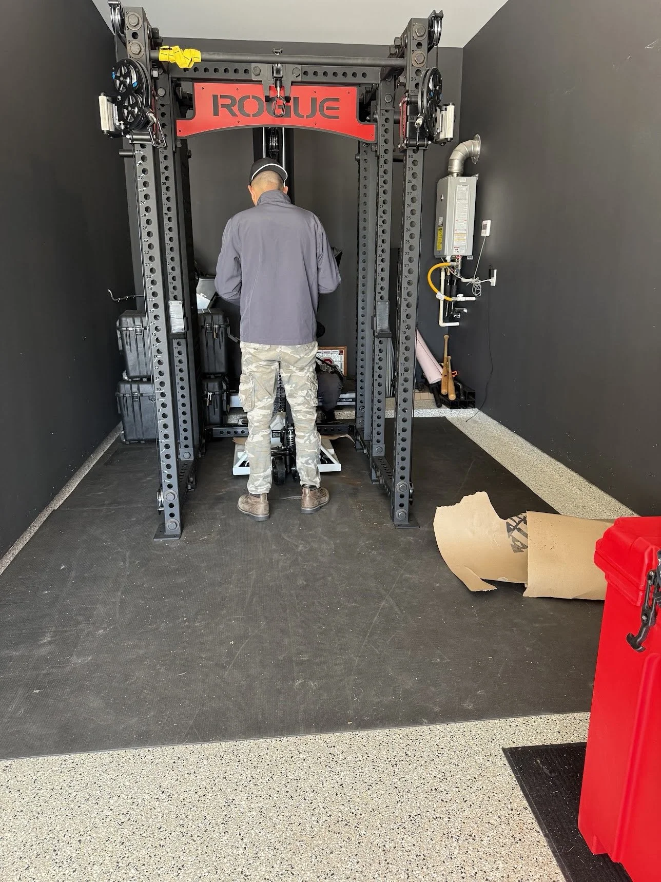 Rogue FML-6 gym equipment moved and reinstalled in garage by Houston Gym Assembly.