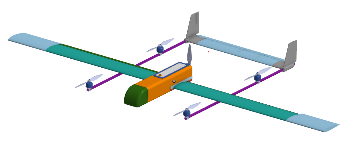 A 3D model of a drone with four propellers, colorful wings, and a central body in orange, green, and white, with purple connecting rods and vertical stabilizers.