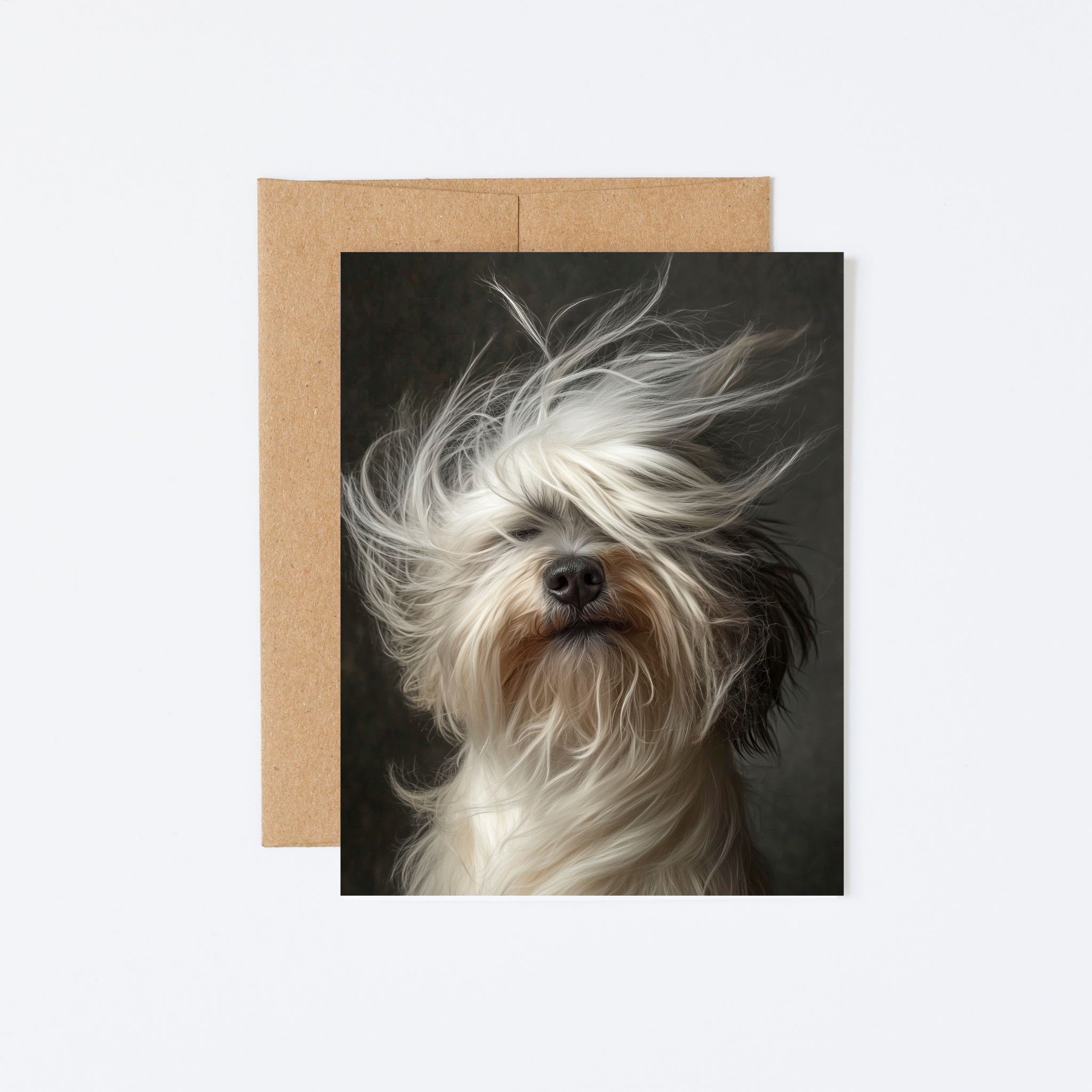 Greeting cards featuring whimsical dog portraits with windblown fur – six unique, sustainably printed dog portraits. A2 size, premium paper, blank inside, and eco-conscious.