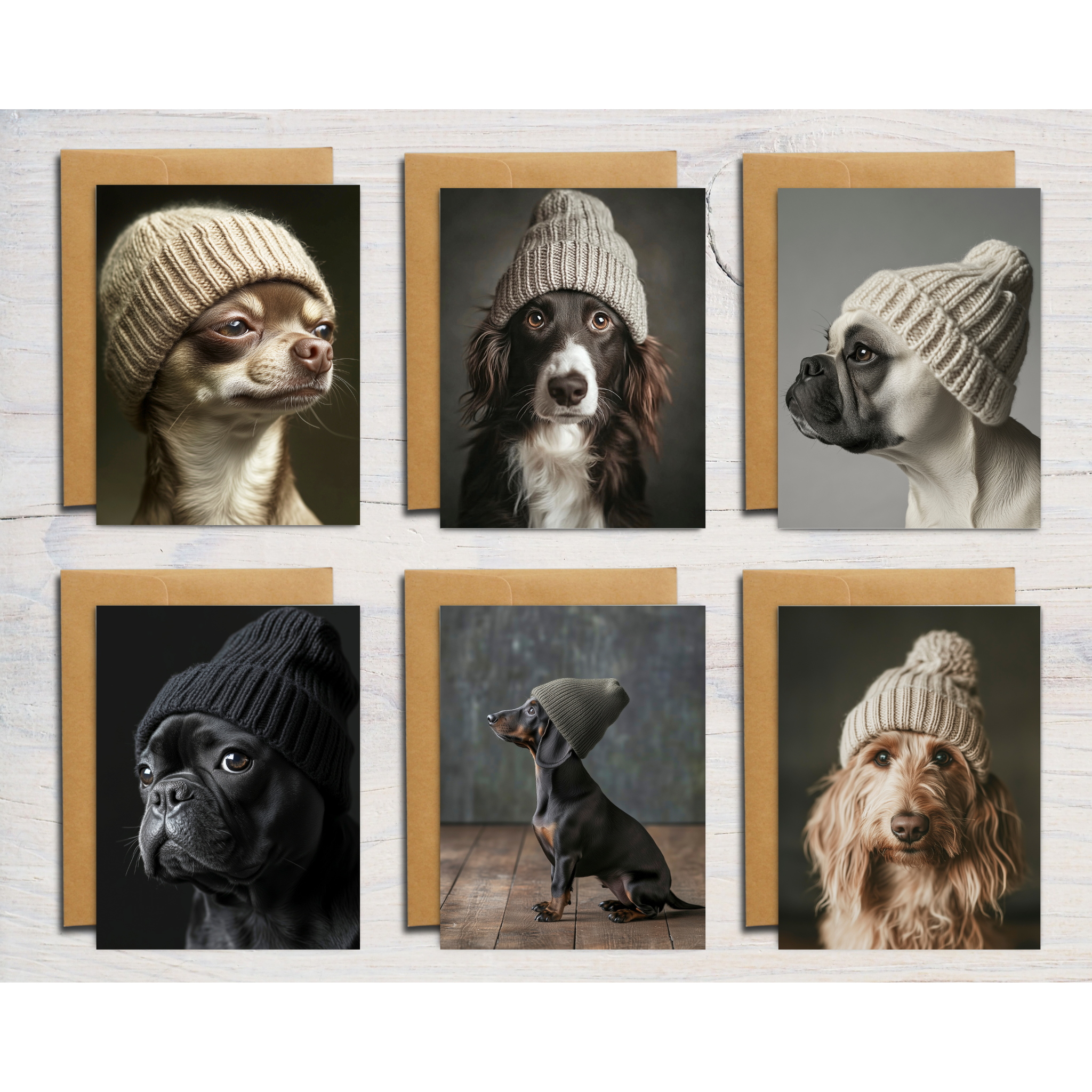 Beanie Pups greeting card set – six unique, sustainably printed dog portraits in beanies. A2 size, premium paper, blank inside, and eco-conscious.