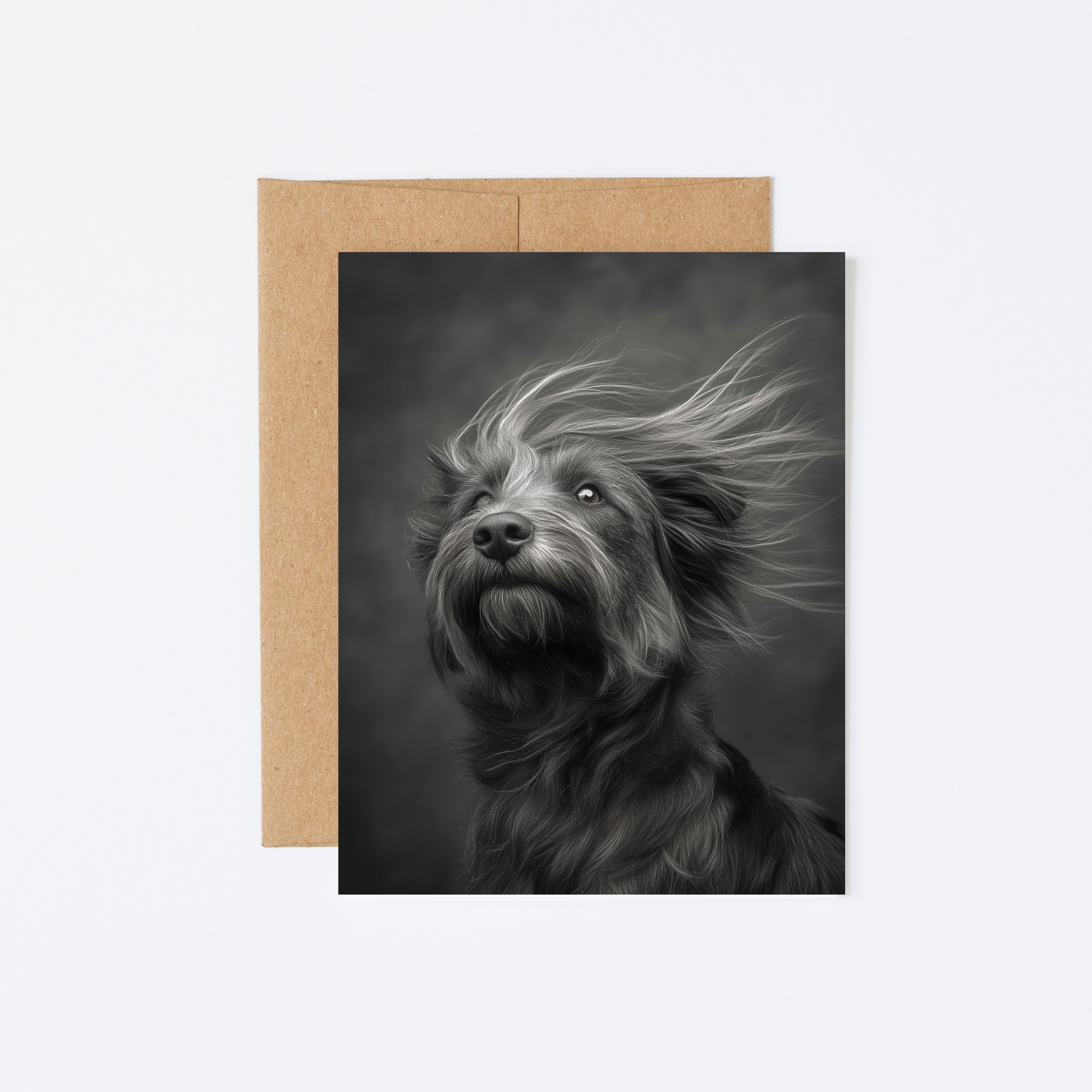 Greeting cards featuring whimsical dog portraits with windblown fur – six unique, sustainably printed dog portraits. A2 size, premium paper, blank inside, and eco-conscious.