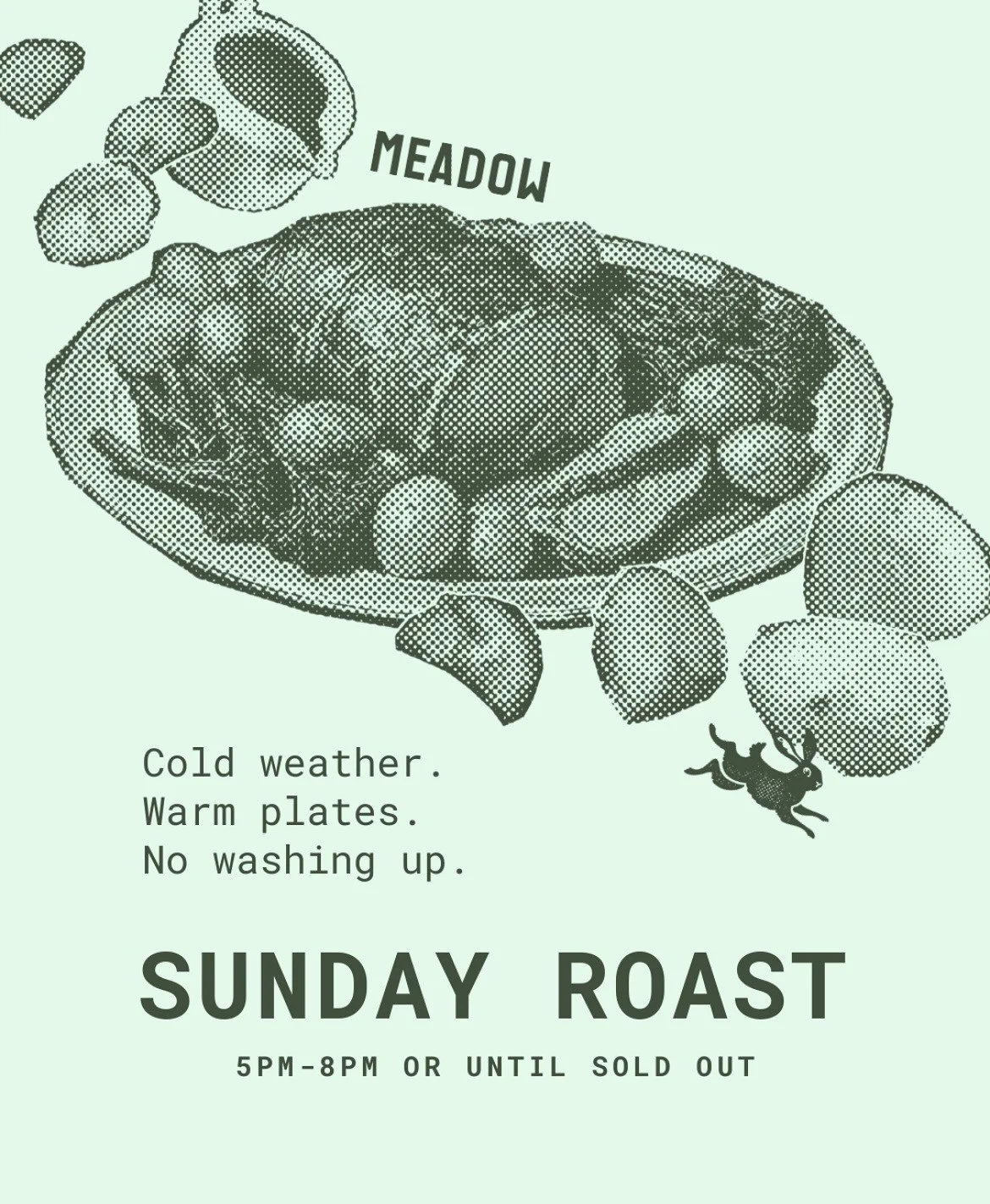 This Sunday, we&rsquo;re serving up a classic with a Meadow twist: slow-roasted lamb,  paired with our house-made fresh mint sauce. Think golden roasties, seasonal veg, and that unmistakable aroma of herbs and garlic.
Perfect for a family feast, or j