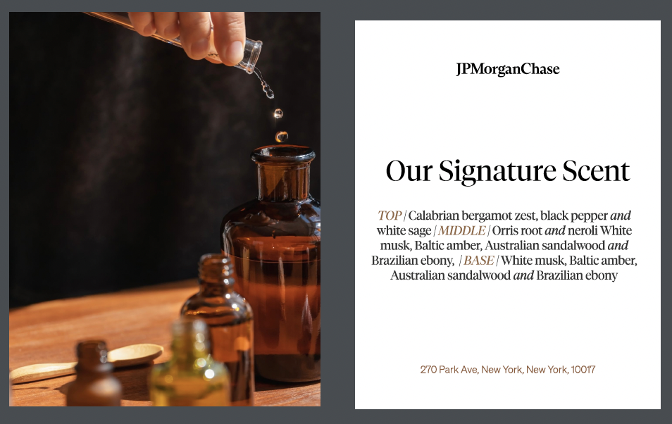 Droppers and bottles with essential oils or fragrances on a wooden surface, with a branding page describing a signature scent with top, middle, and base notes.