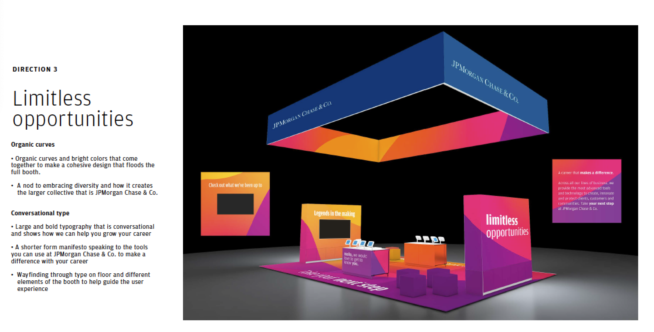 Trade show booth with pink, orange, purple, and blue design elements, displaying text such as 'Limitless Opportunities' and 'Check out what we've been up to,' with a black backdrop and branded blue displays overhead.