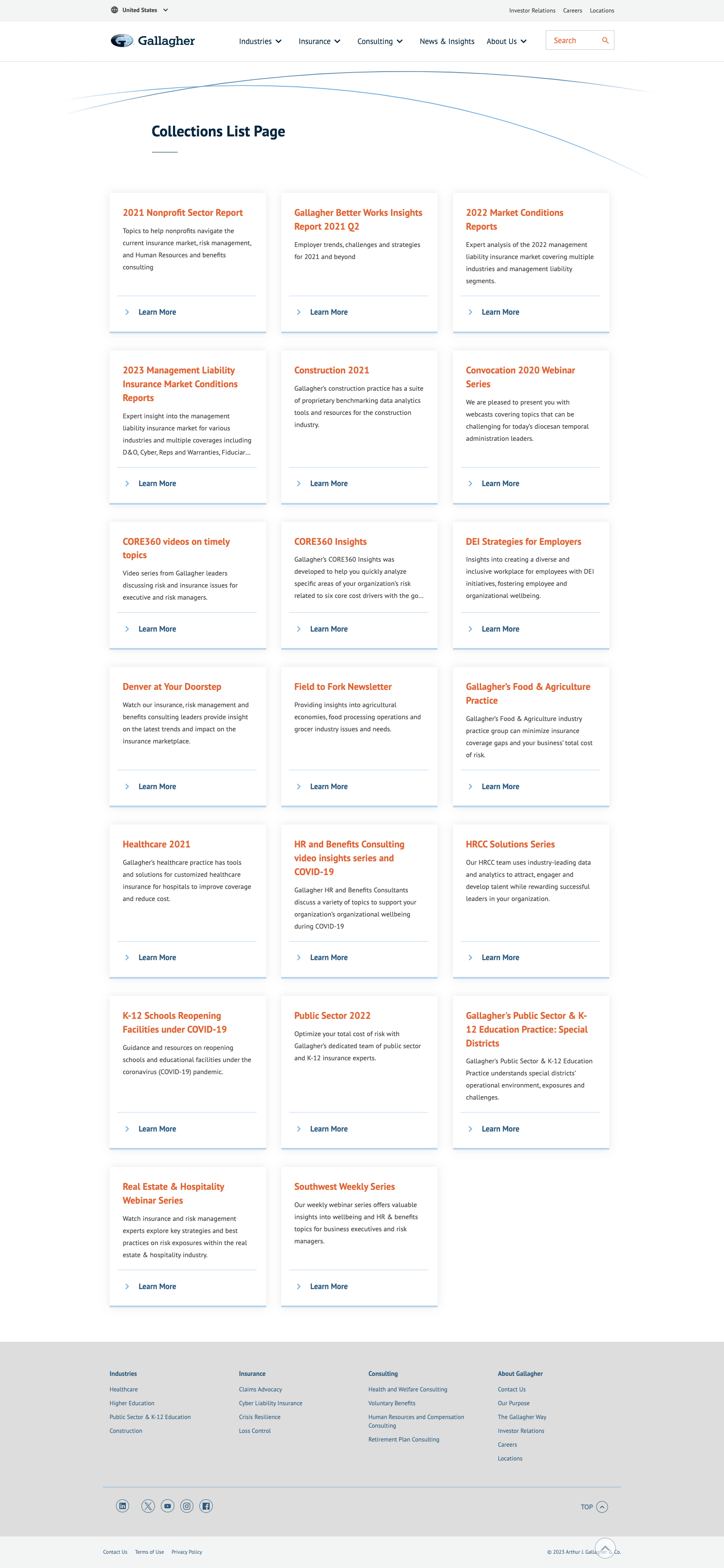 Gallagher's collections list page displaying various reports, insights, webinars, and newsletters related to insurance, construction, healthcare, education, and public sector topics.