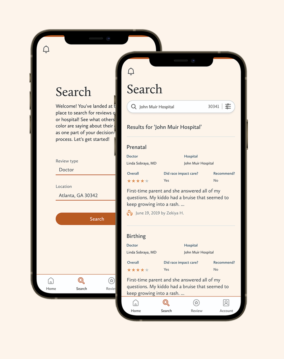 Mobile app screens showing a hospital review search page and review results for John Muir Hospital with star ratings and patient feedback.