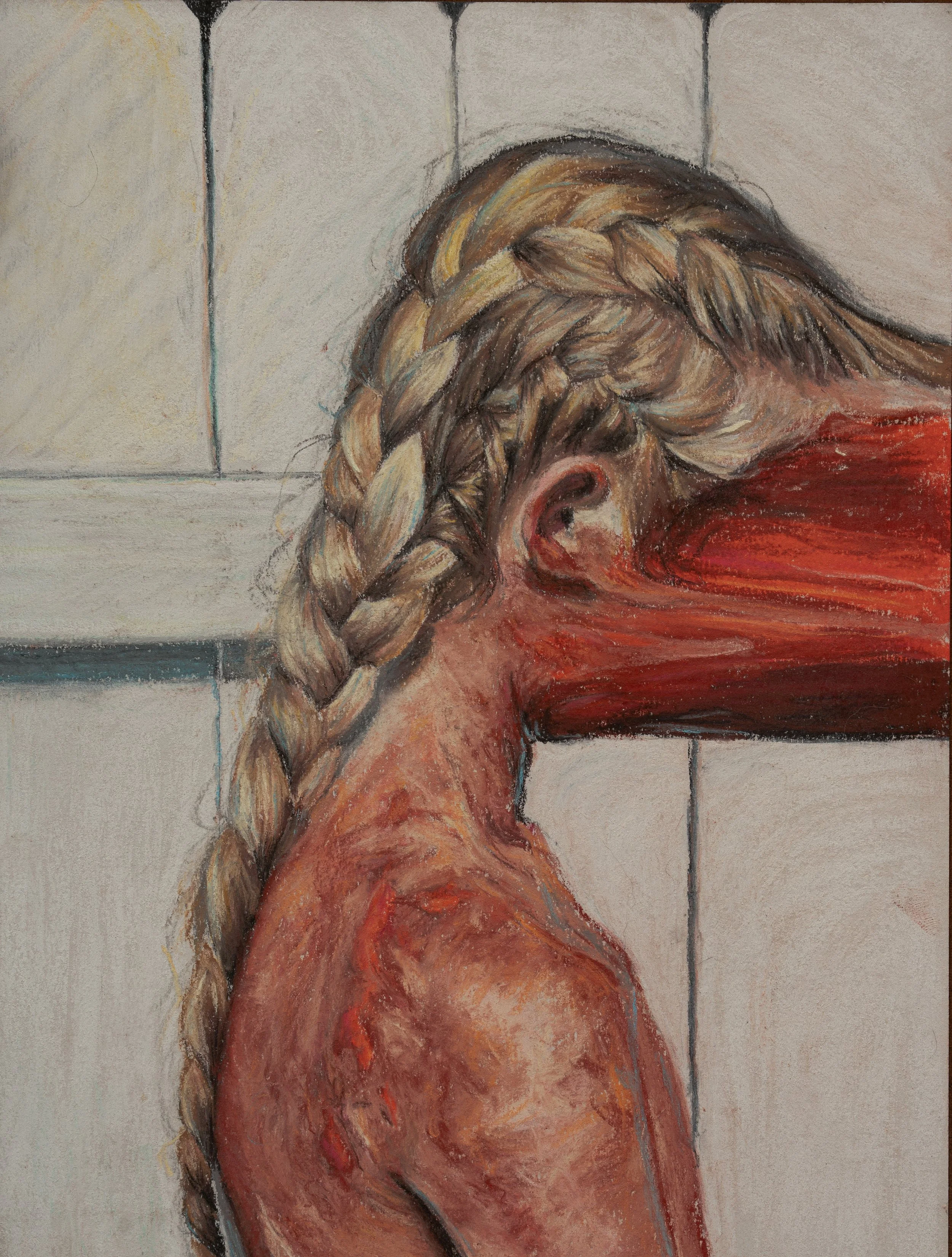 portrait in front of white fence, pastel on paper, 2020