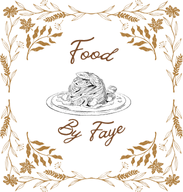Illustration of food with the text 'Food by Faye', surrounded by decorative leaves and flowers in brown and beige tones.