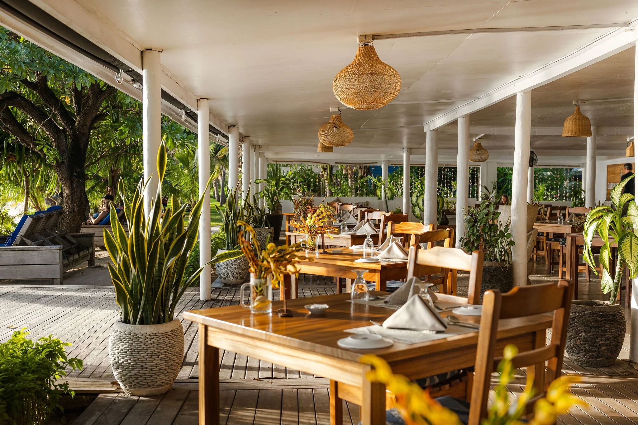 Open-air oceanfront dining area overlooking Nalova Bay in the Yasawa Islands