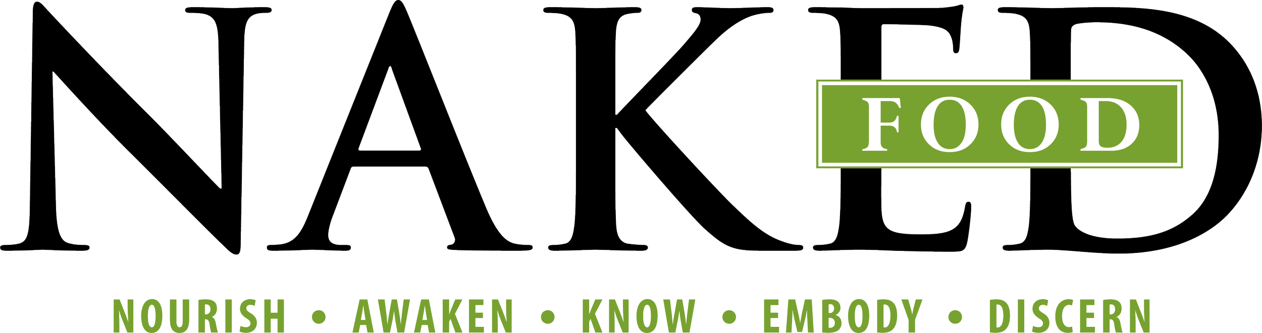 Logo for Naked Food featuring large outlined text 'NAKED' with a green rectangle containing the white word 'FOOD' across the middle of the word. Below, there are smaller green words 'NOURISH, AWAKEN, KNOW, EMBODY, DISCERN' separated by dots.