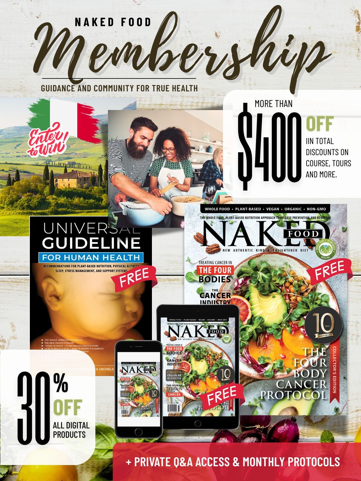 Promotional flyer for NAKED FOOD membership with discounts, free guides, and digital products related to health, plant-based nutrition, and cancer prevention, featuring images of food, a tablet, smartphone, and people cooking.