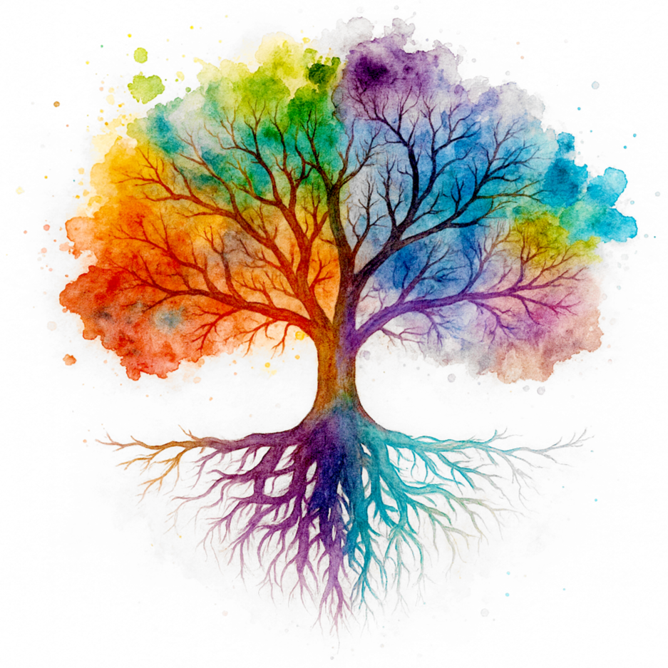 A colorful watercolor illustration of a tree with rainbow-colored leaves and visible roots.