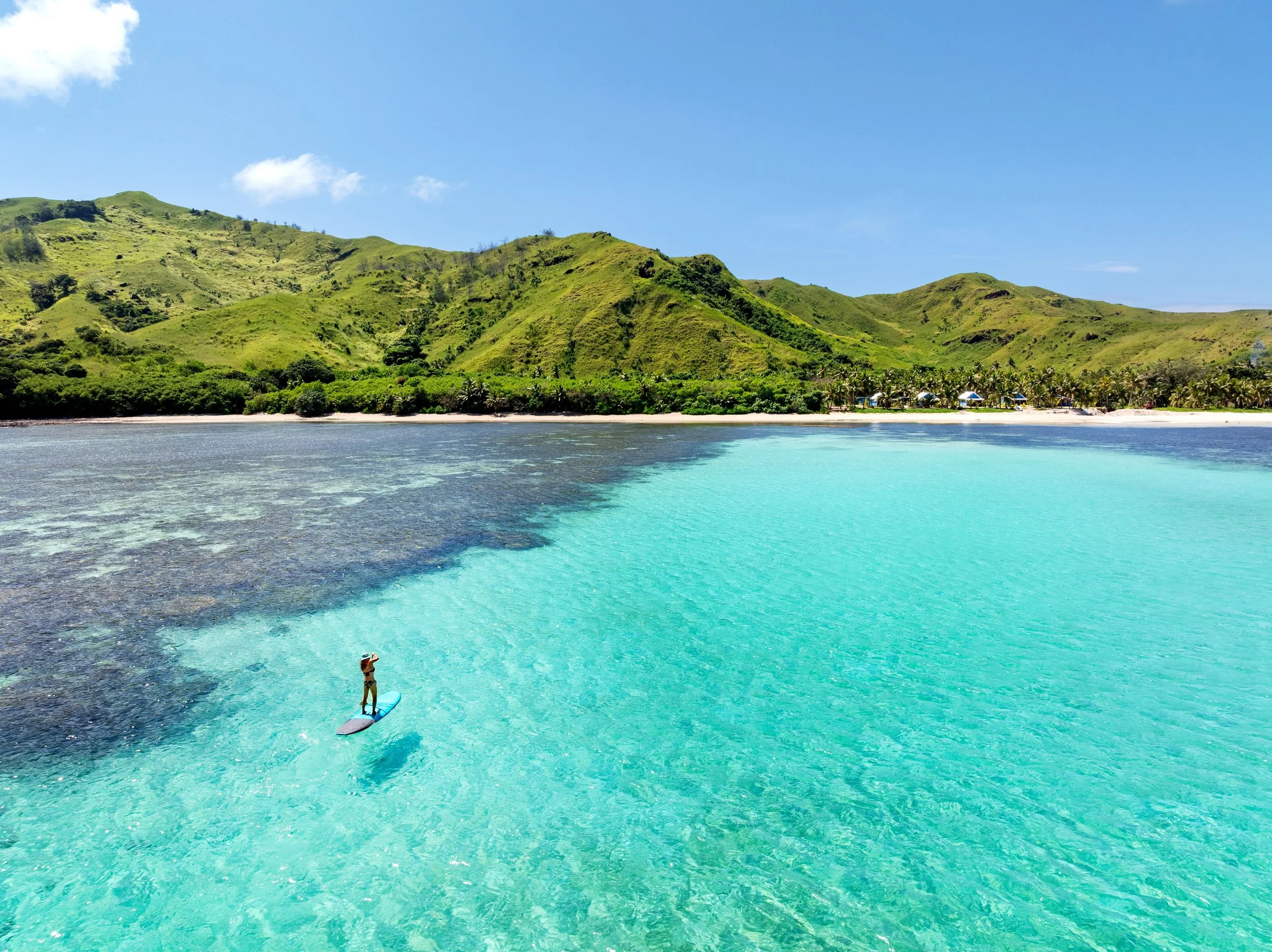 Aerial view of the remote Yasawa Islands and turquoise lagoons of Fiji