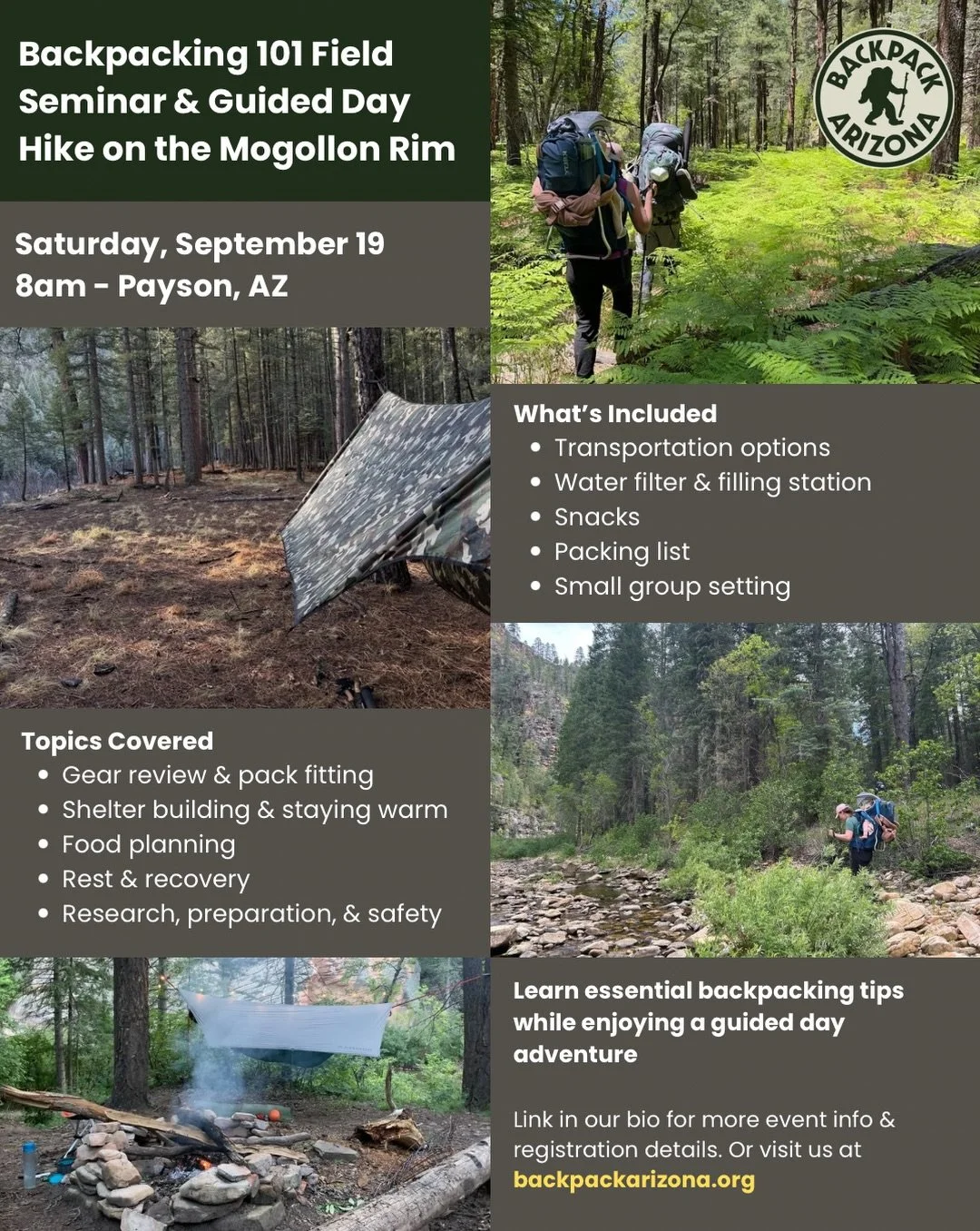 Want to start backpacking but feeling anxious about your first overnight? 

Join Backpack Arizona for a guided day hike and educational seminar designed specifically for beginners who want to feel more confident exploring and sleeping in the backcoun