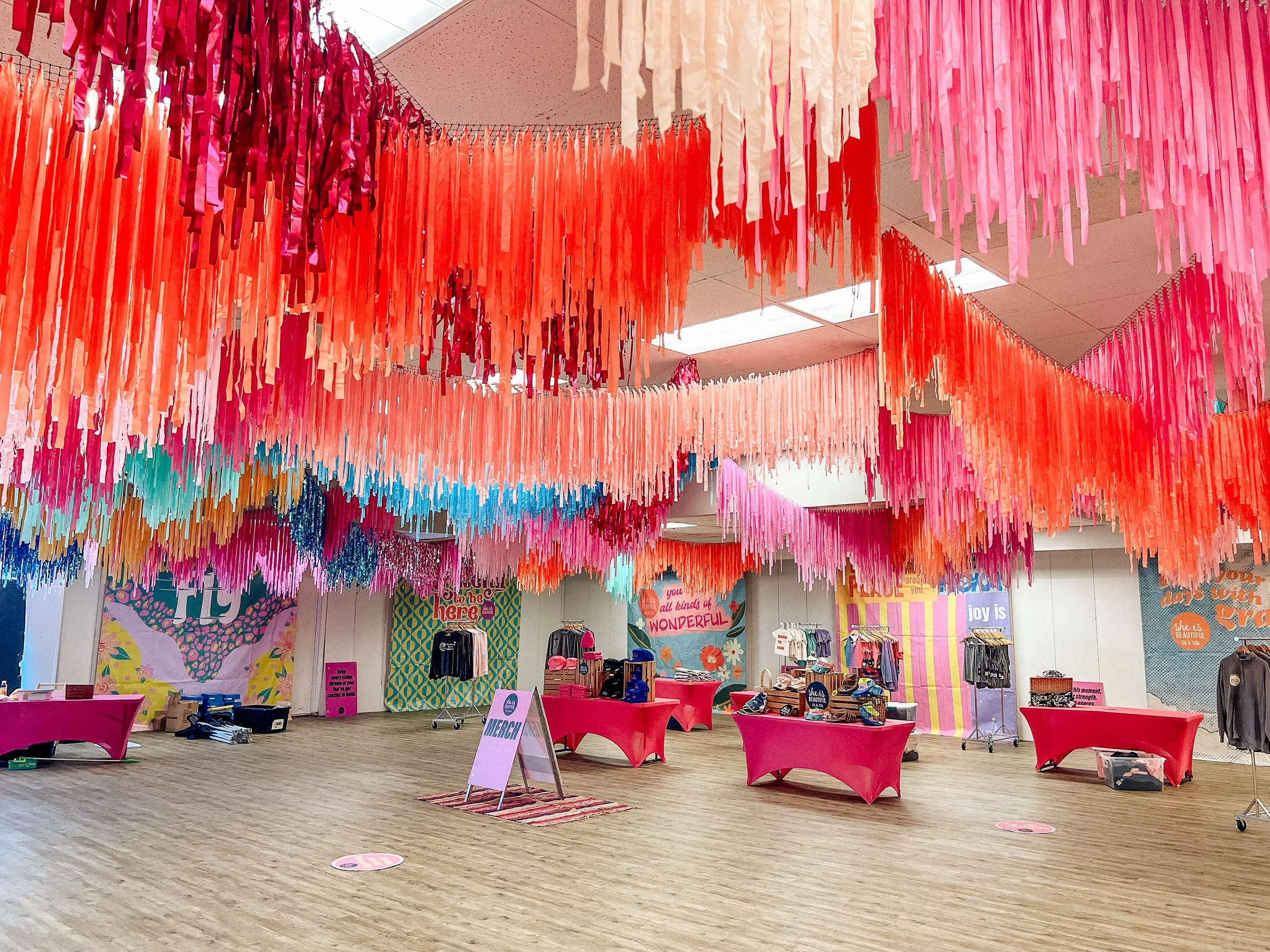 Aerial fringe installation, baby shower, birthday, wedding, corporate event, brand events, grand opening