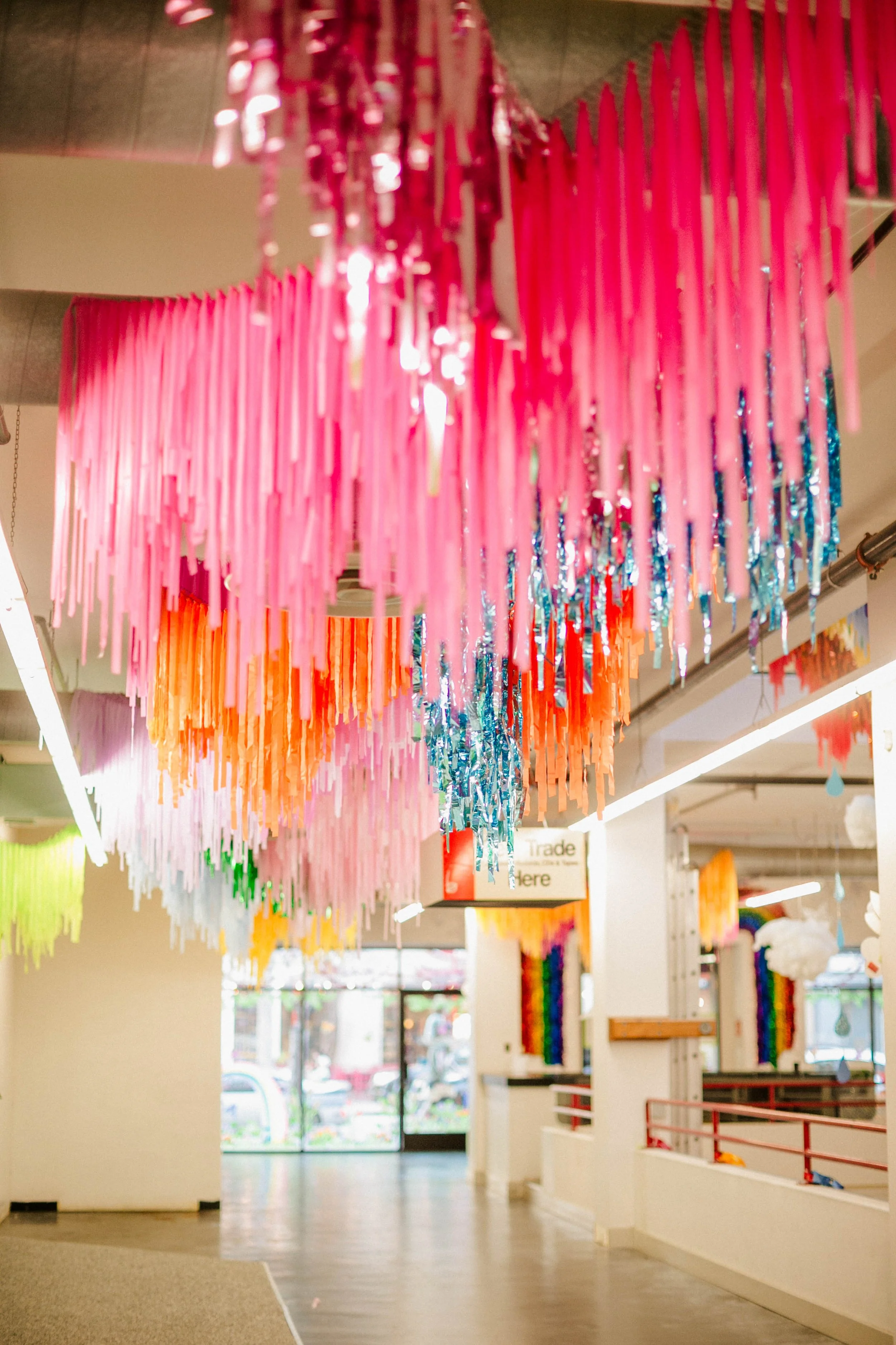 Aerial fringe installation, baby shower, birthday, wedding, corporate event, brand events, grand opening, Collective Santa Cruz
