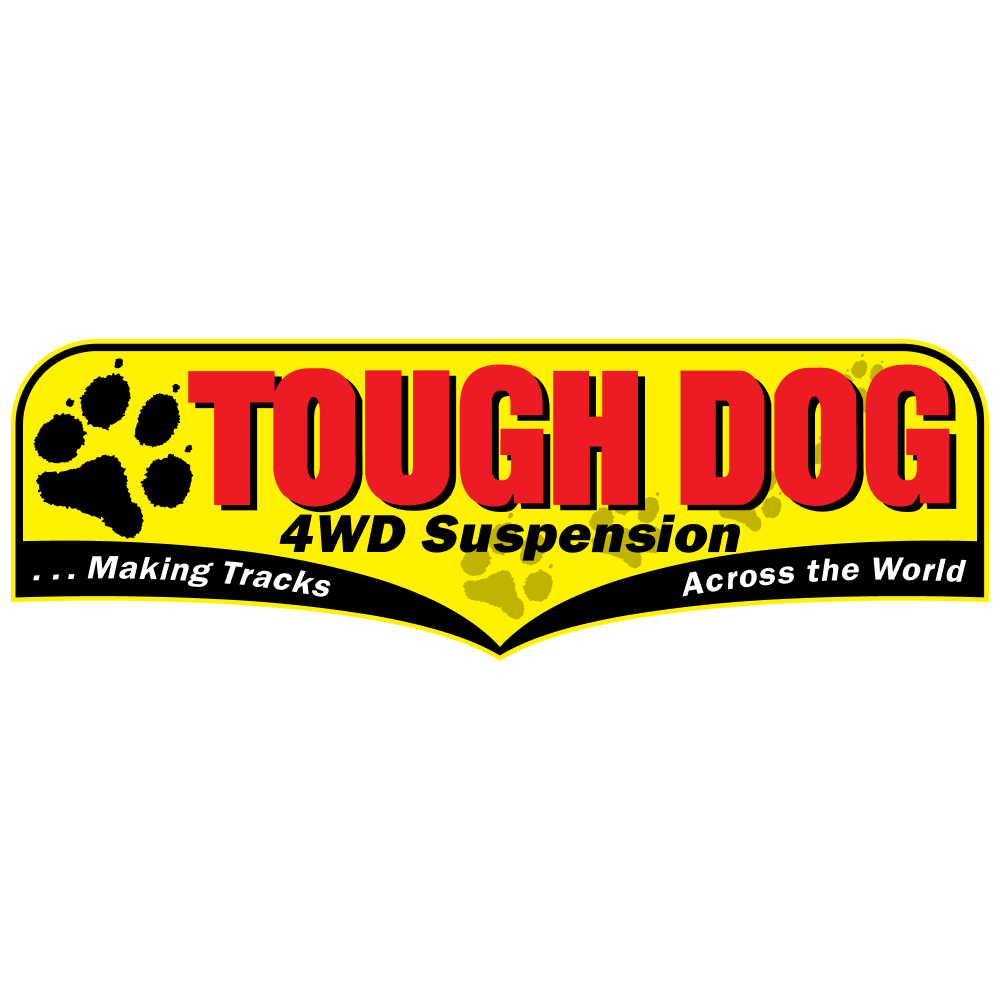 Logo for Tough Dog 4WD Suspension with paw prints and yellow background.