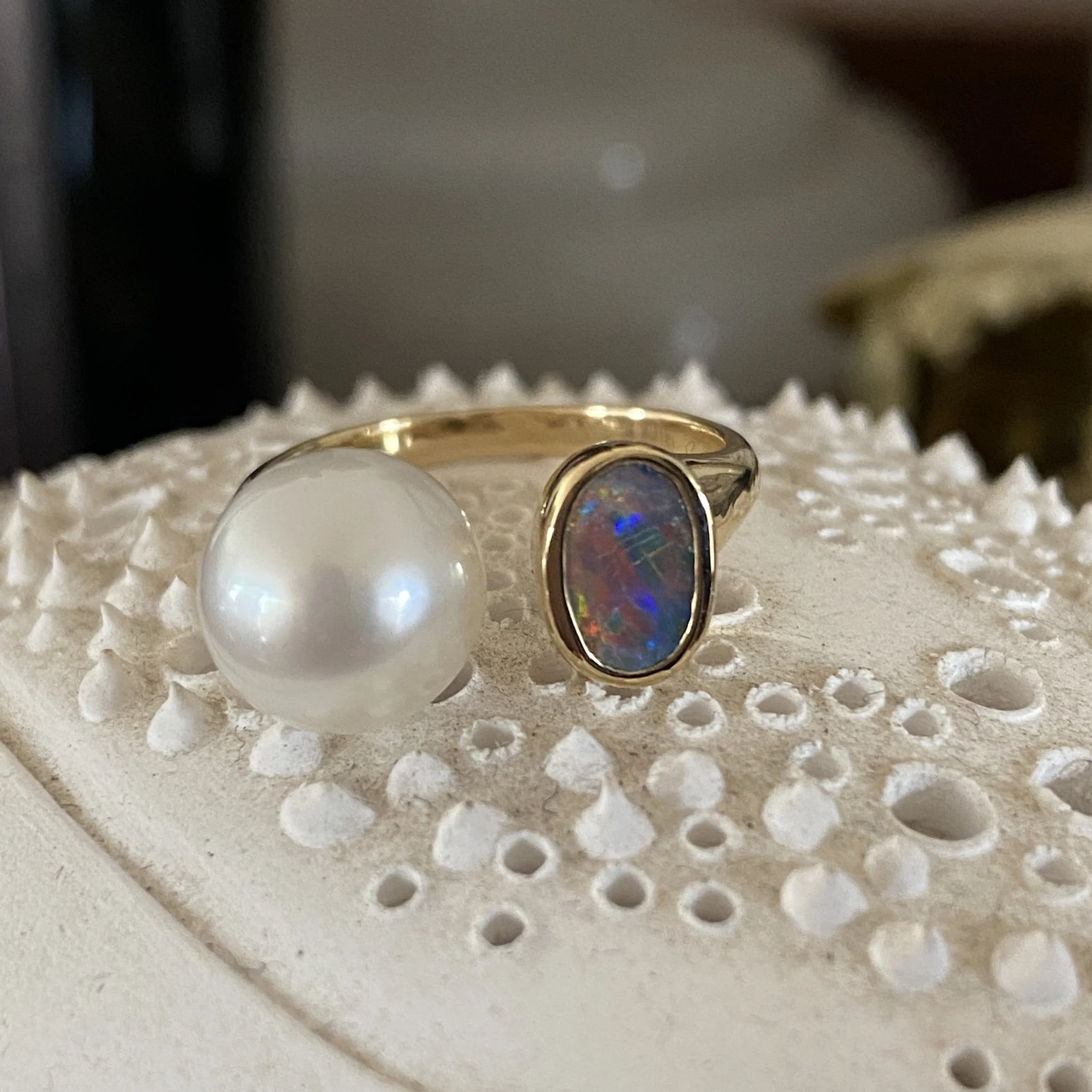 'Opala' Australian Opal and South Sea Pearl ring