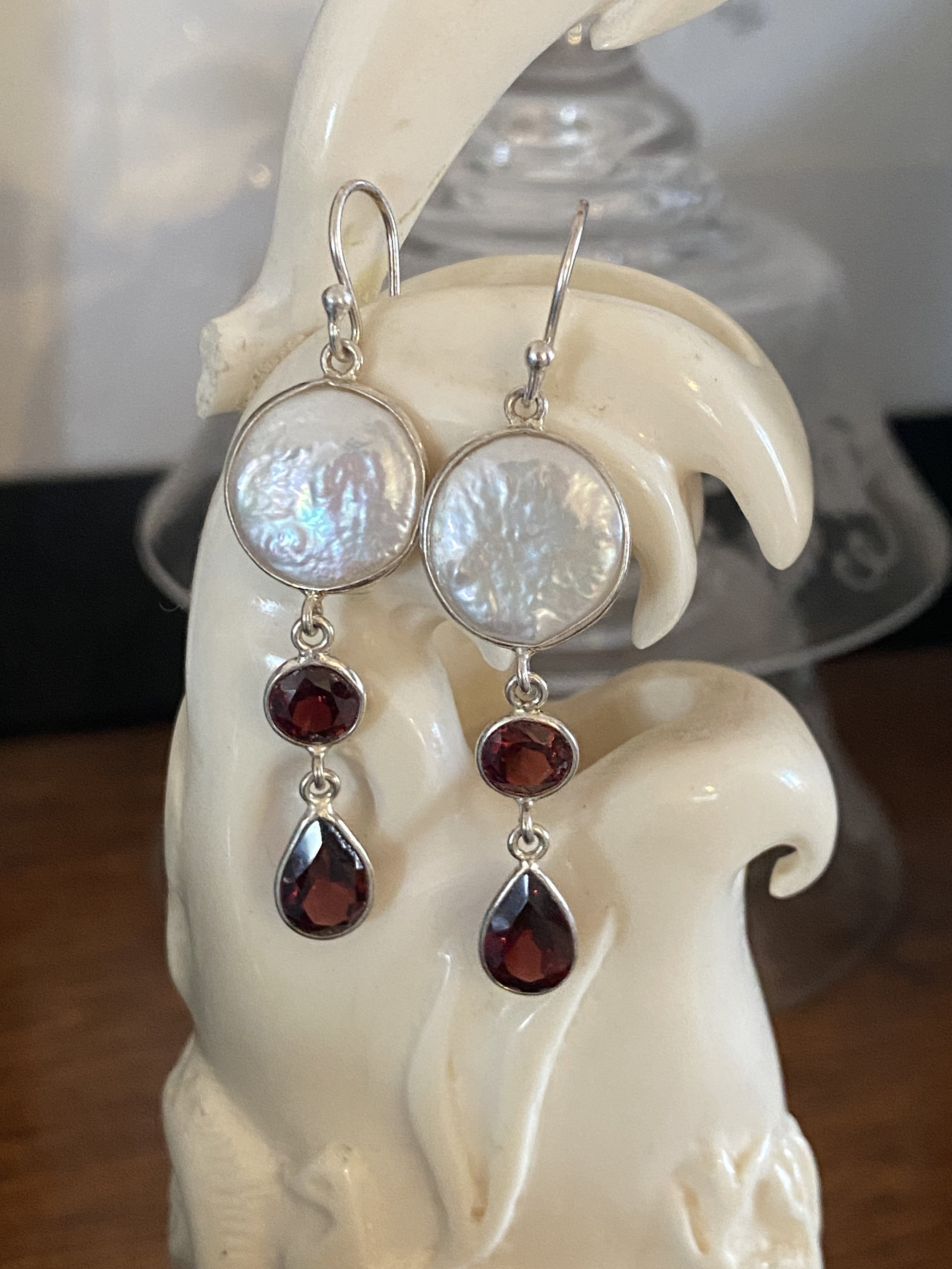 Loona garnet and Freshwater Coin pearl earrings