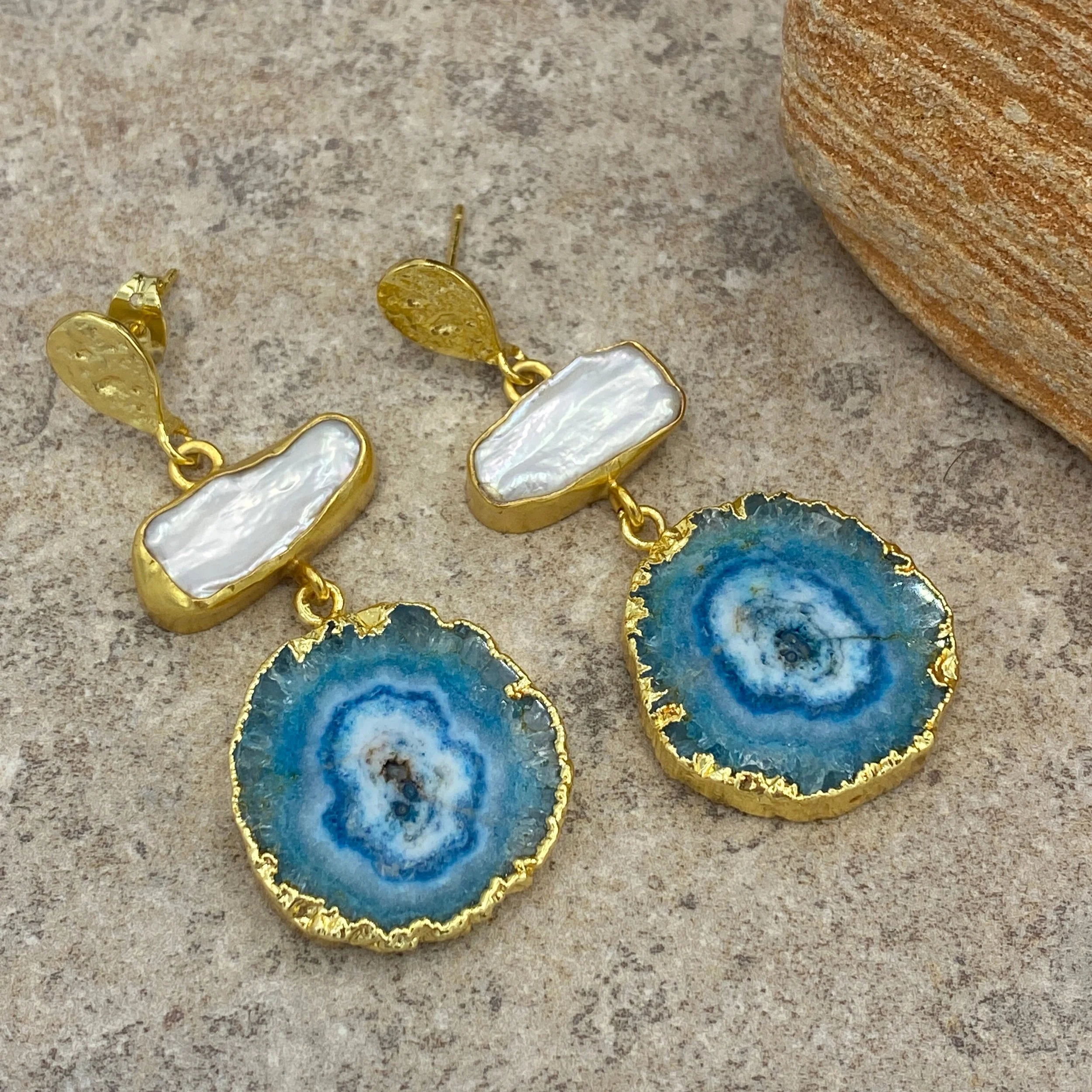 'Blue solar' Blue Agate and Biwa pearl Turkish inspired Earrings