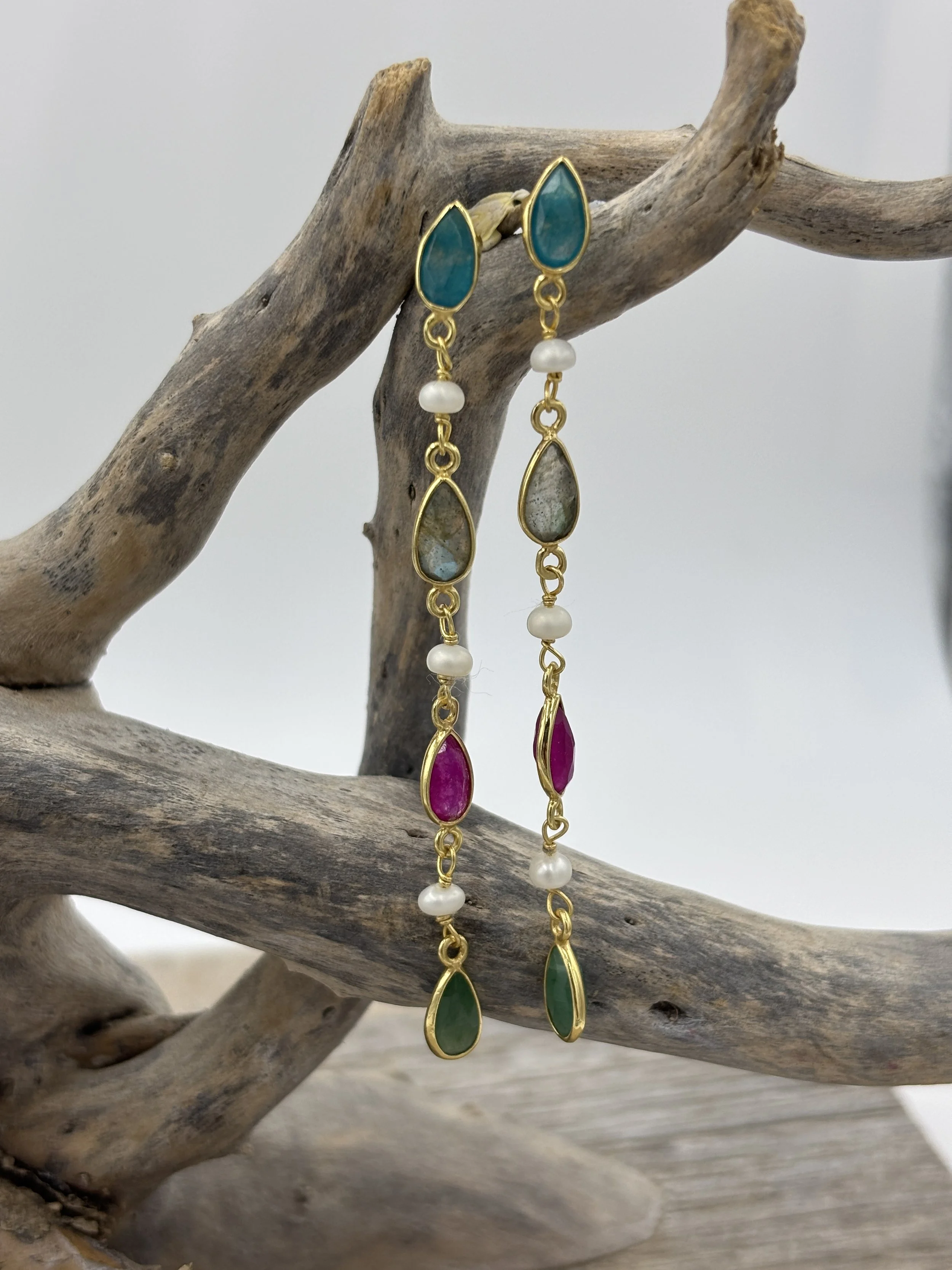 'Jewel' Freshwater Pearl, Ruby, Labradorite, Jade and Aventurine Earrings