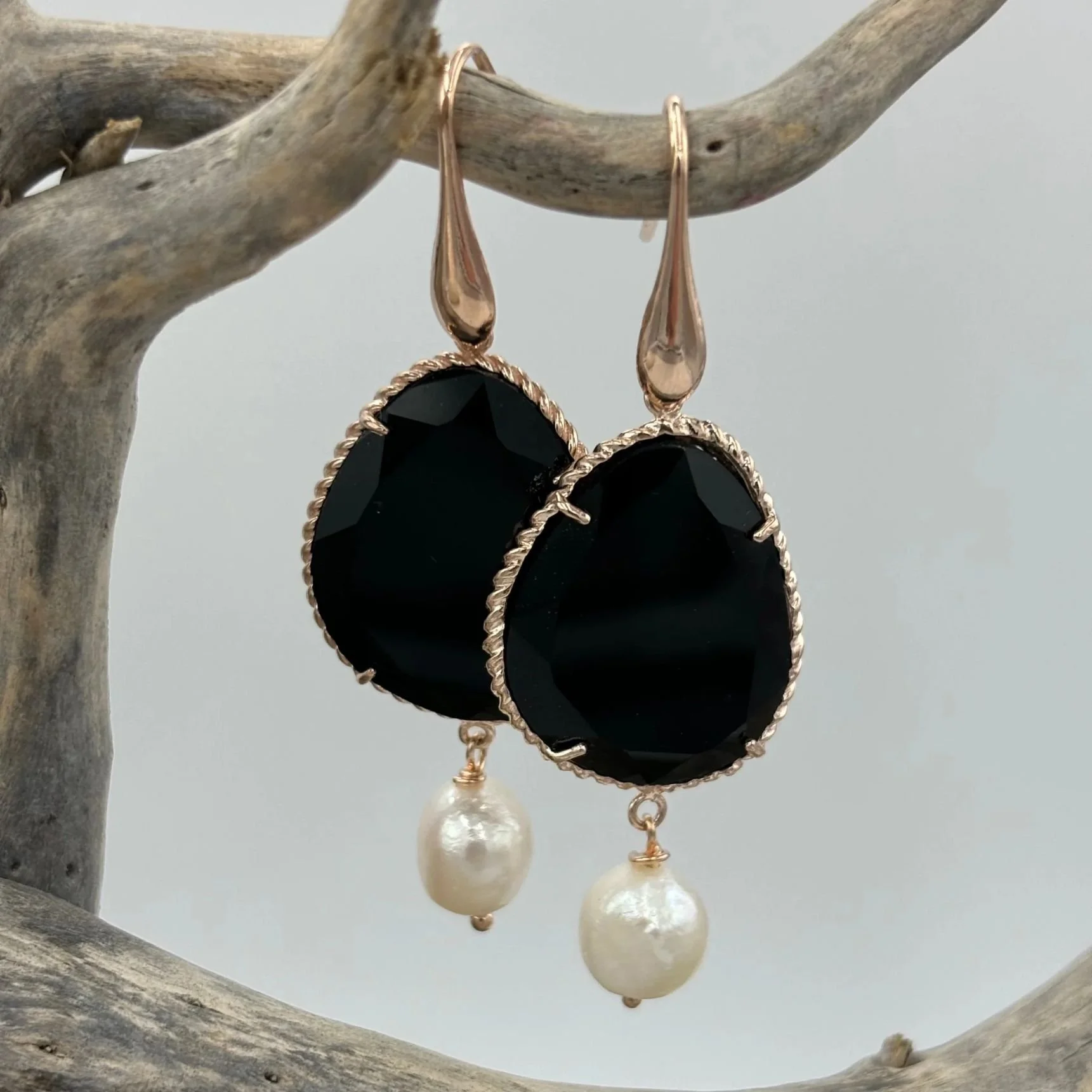 'Night' Black Agate Rose Gold Freshwater Pearl Earrings