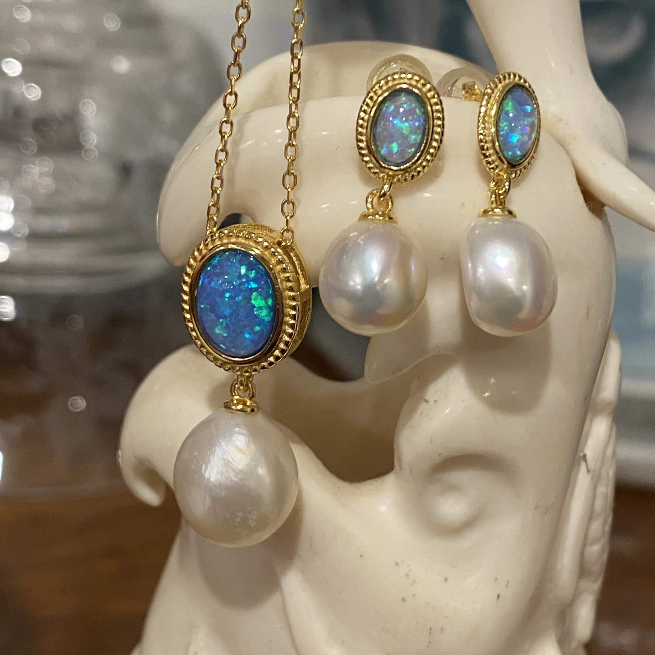 'Stardust' Opal and Gold Freshwater Pearl Pendant