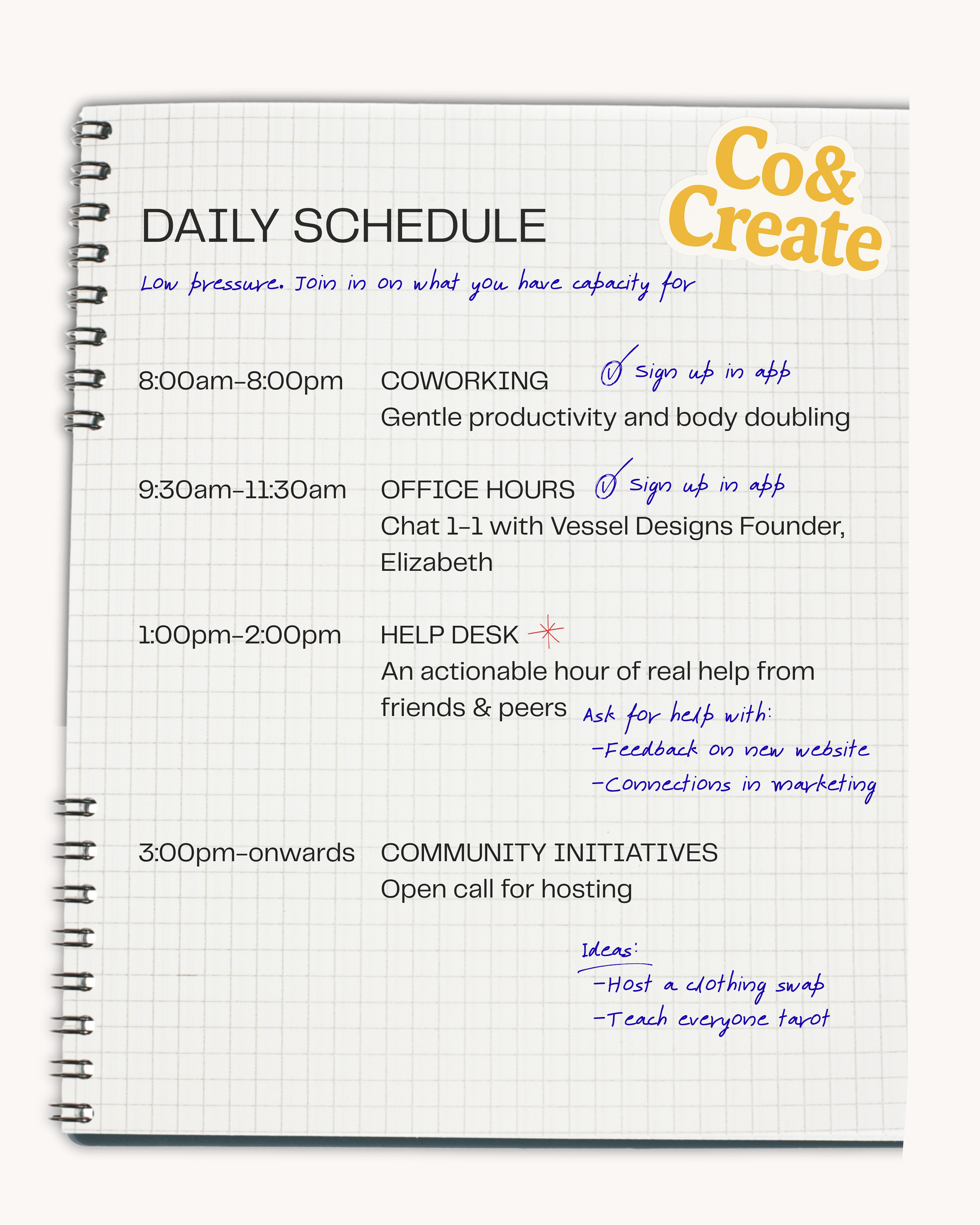 Daily schedule for Co and create meetup for women entrepreneurs and founders in Vancouver