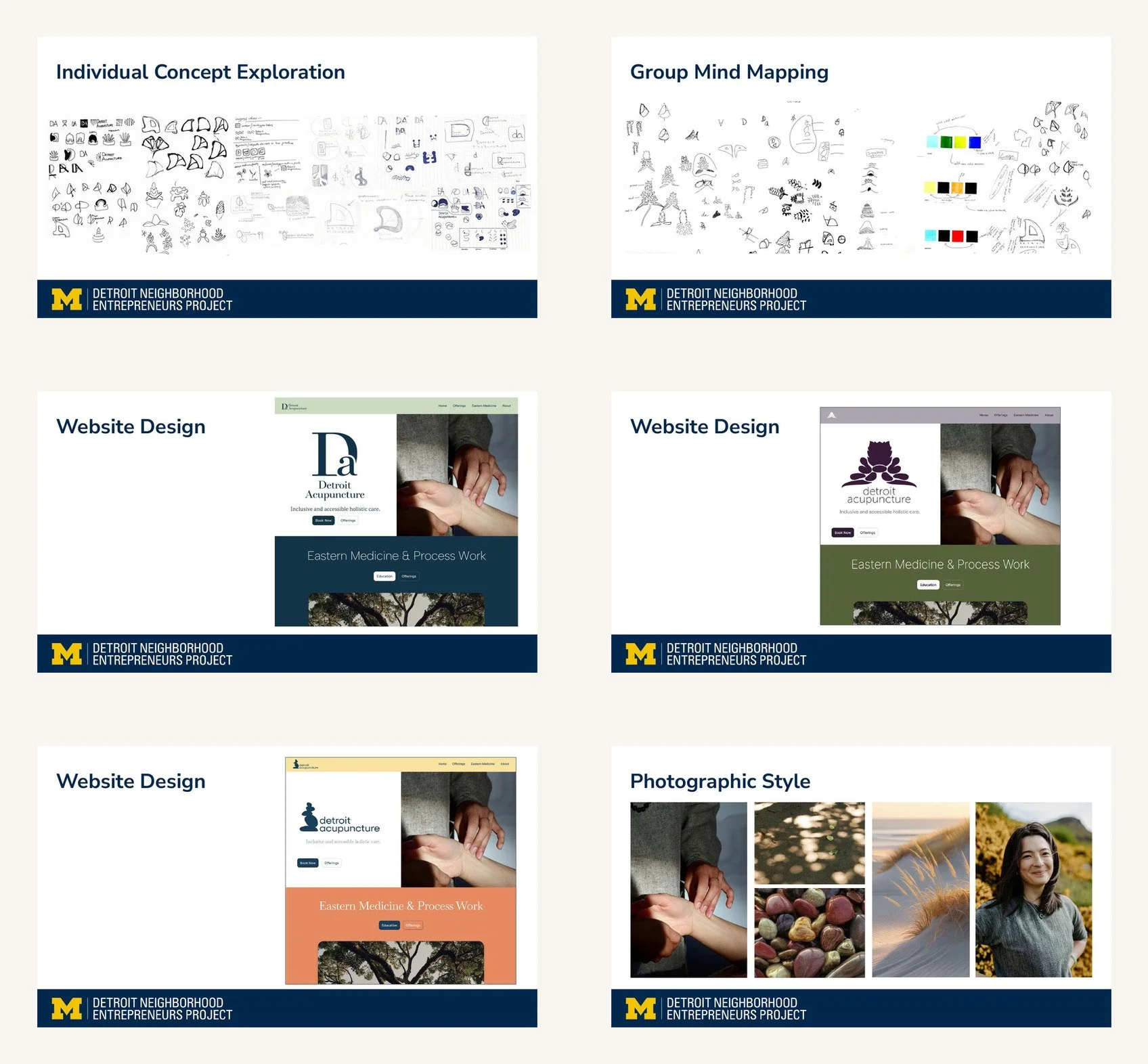 Logo sketches, group mind mapping, website design exploration, and photography direction.