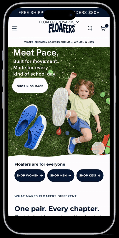 Animated Floafers mobile homepage prototype showing the redesigned value proposition and shopping paths.