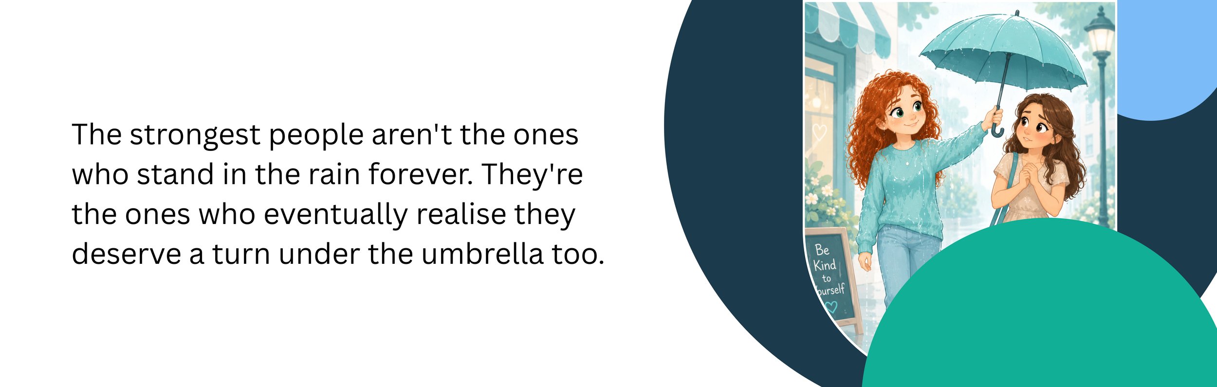 smiling woman holds umbrella over someone else while she gets wet