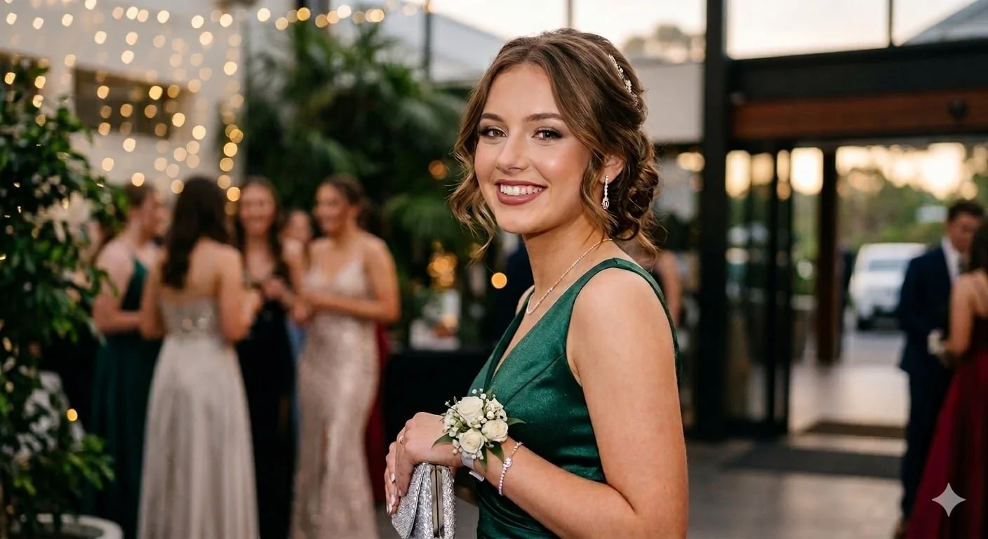A young woman in a green dress smiling at a formal event or prom, holding a silver clutch, with blurred guests in elegant dresses in the background.