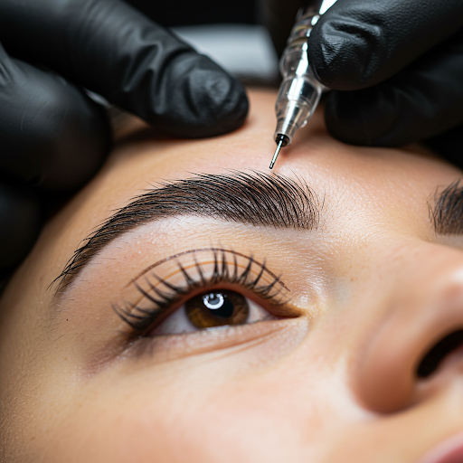 Close-up of a woman receiving a cosmetic injection into her eyebrow, with a practitioner wearing black gloves performing the procedure.
